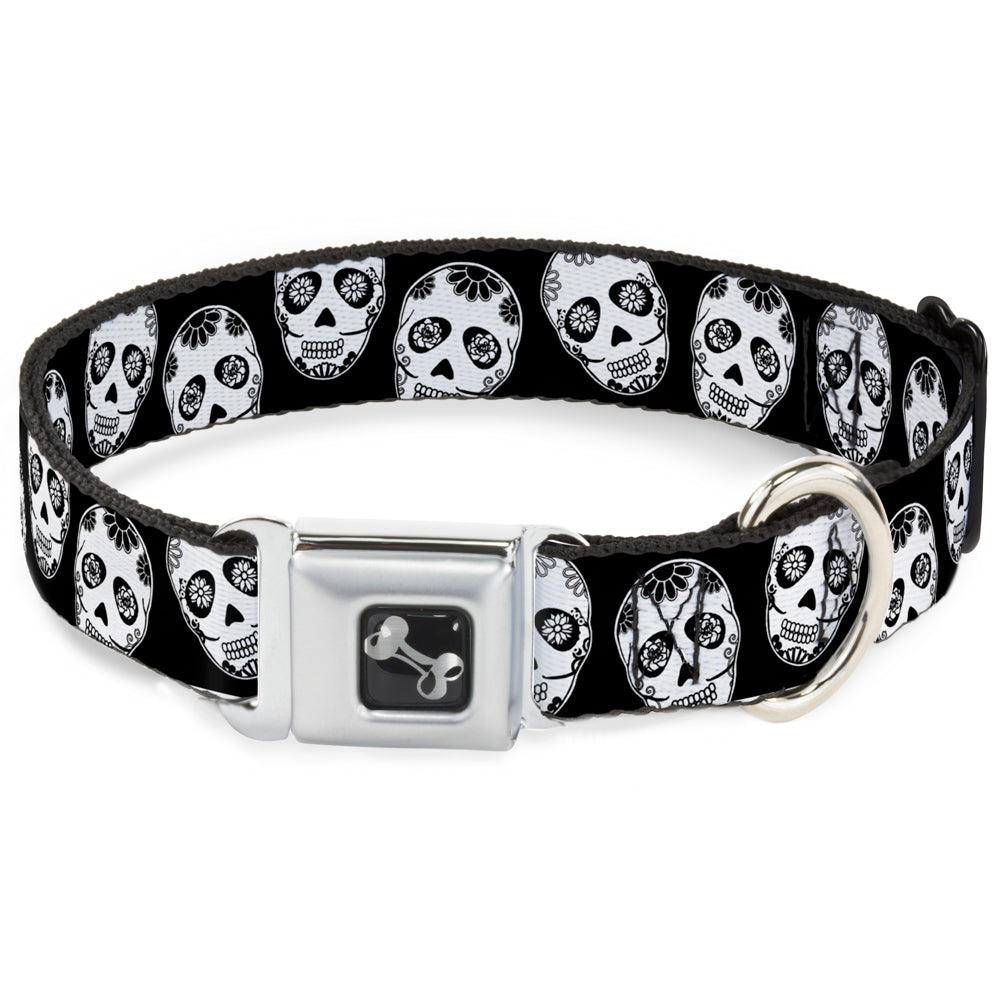 Dog Bone Seatbelt Buckle Collar - Sugar Skulls Black/White/Black Seatbelt Buckle Collars Buckle-Down