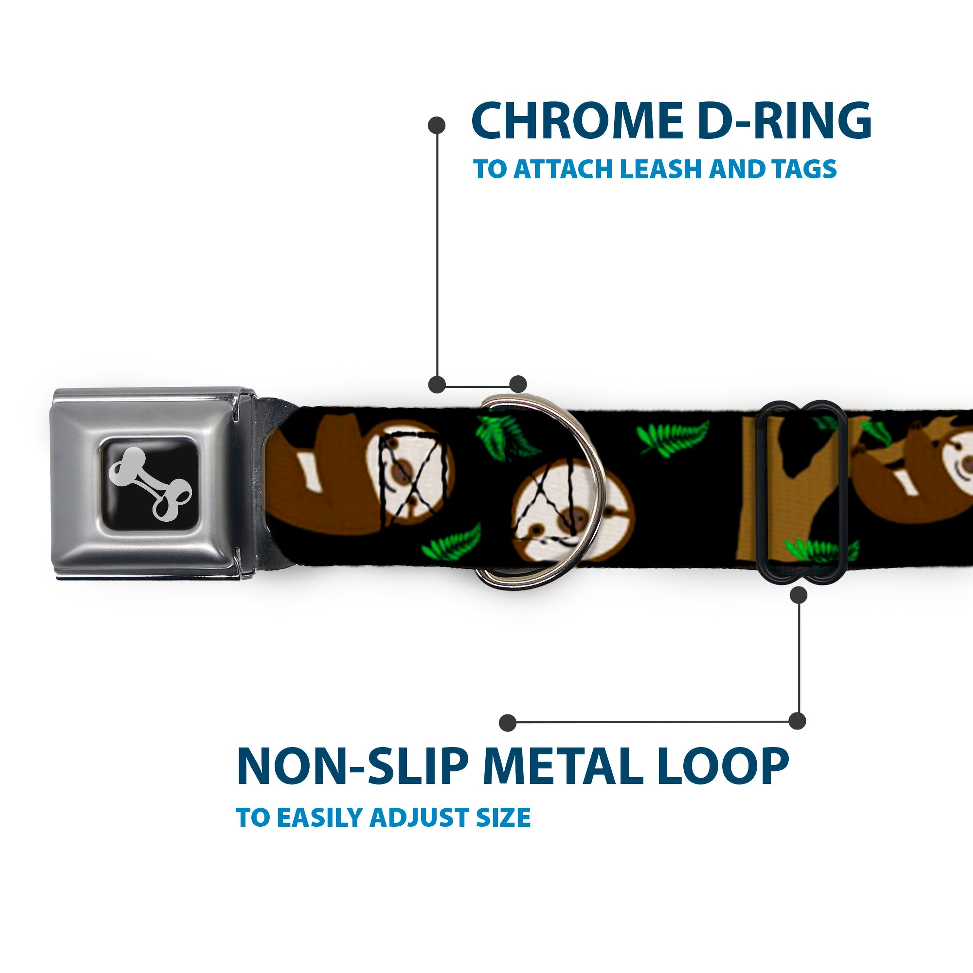 Dog Bone Seatbelt Buckle Collar - Sloth Face/Hanging Black Seatbelt Buckle Collars Buckle-Down