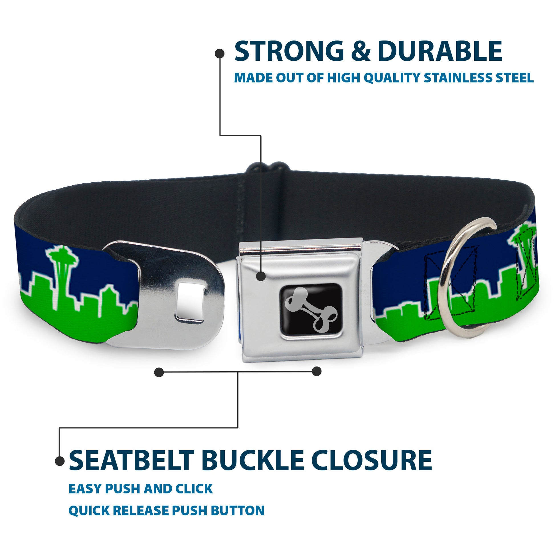 Dog Bone Seatbelt Buckle Collar - Seattle Skyline Navy/Bright Green Seatbelt Buckle Collars Buckle-Down