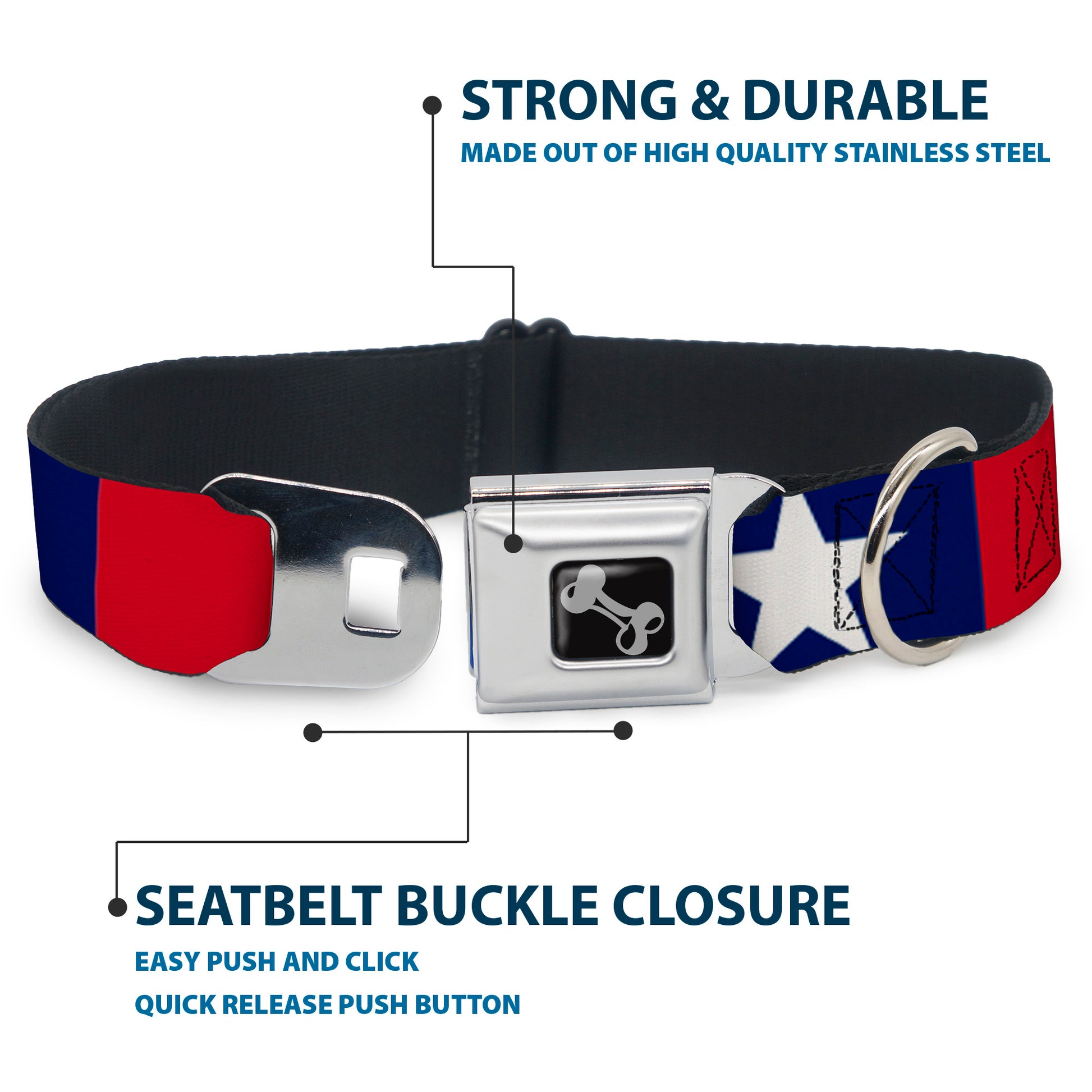 Dog Bone Seatbelt Buckle Collar - Stars & Stripes Ribbon Red/Blue/White Seatbelt Buckle Collars Buckle-Down