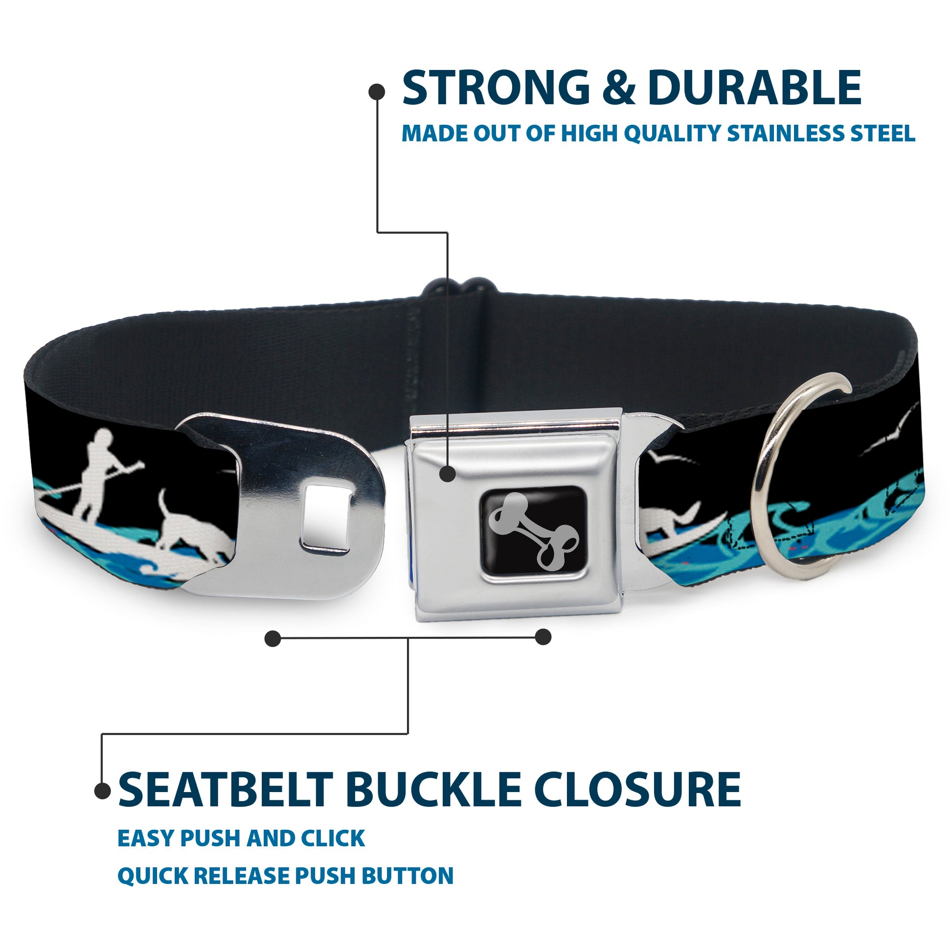 Dog Bone Seatbelt Buckle Collar - SUP w/Dog Black/Blues/White Seatbelt Buckle Collars Buckle-Down