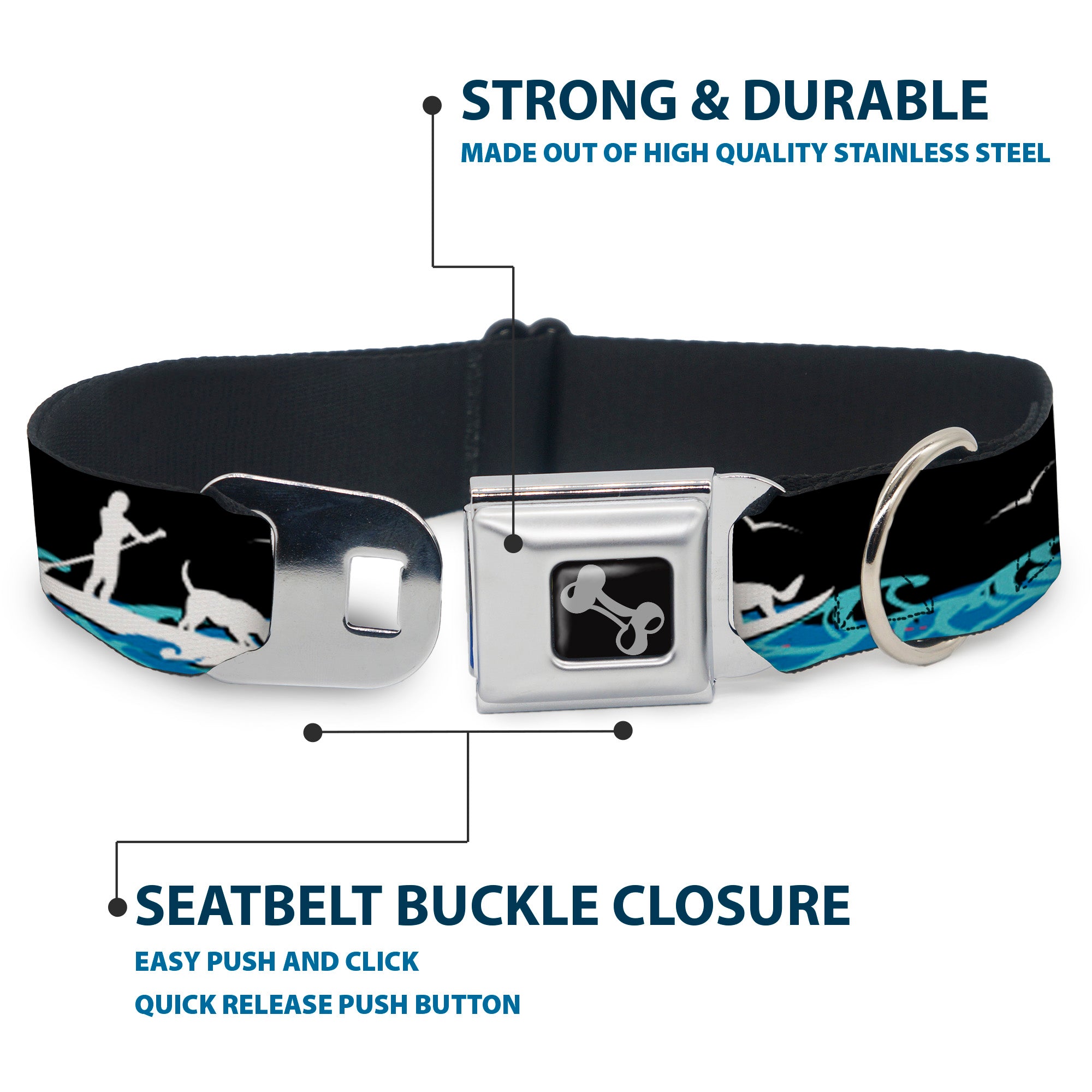 Dog Bone Seatbelt Buckle Collar - SUP w/Dog Black/Blues/White Seatbelt Buckle Collars Buckle-Down