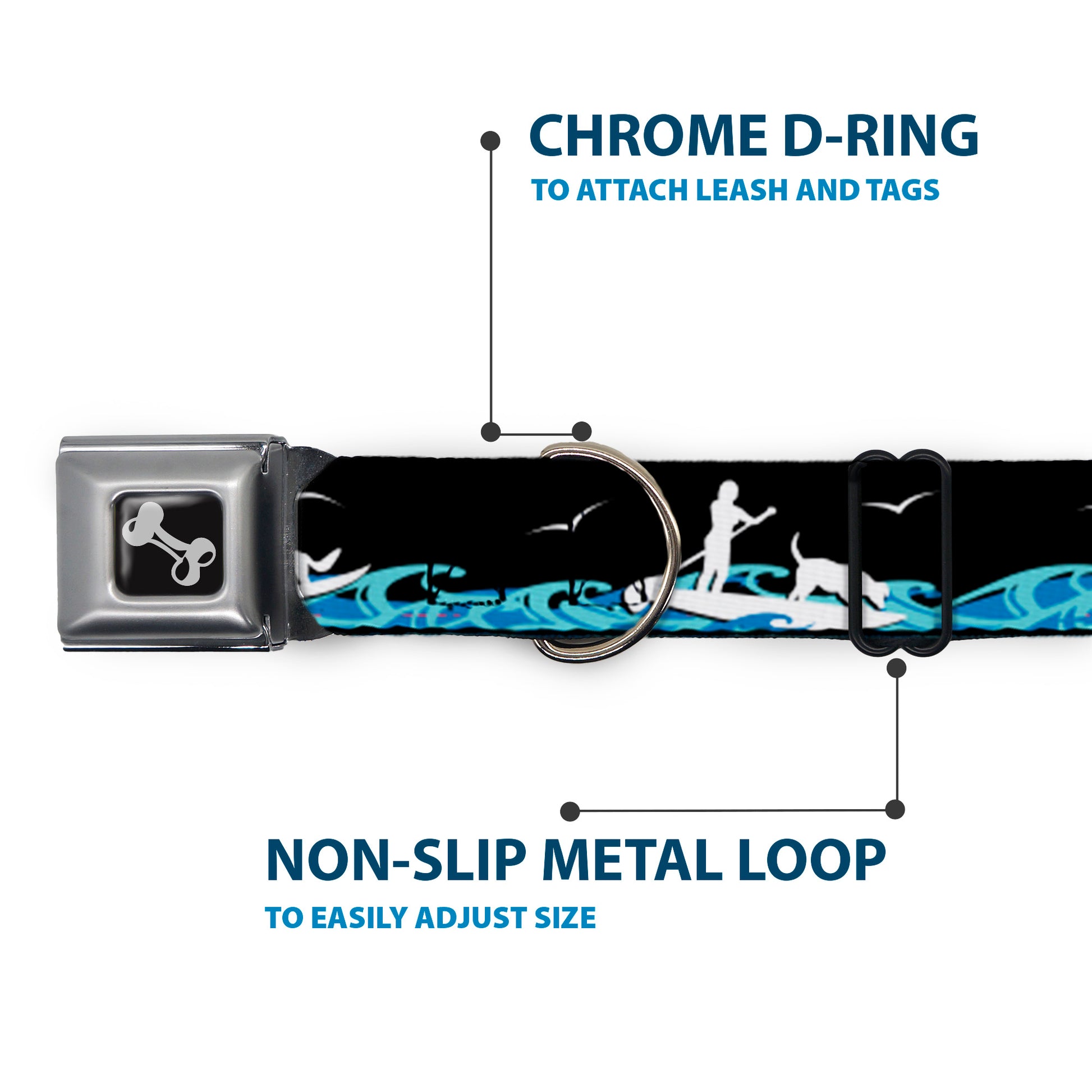Dog Bone Seatbelt Buckle Collar - SUP w/Dog Black/Blues/White Seatbelt Buckle Collars Buckle-Down