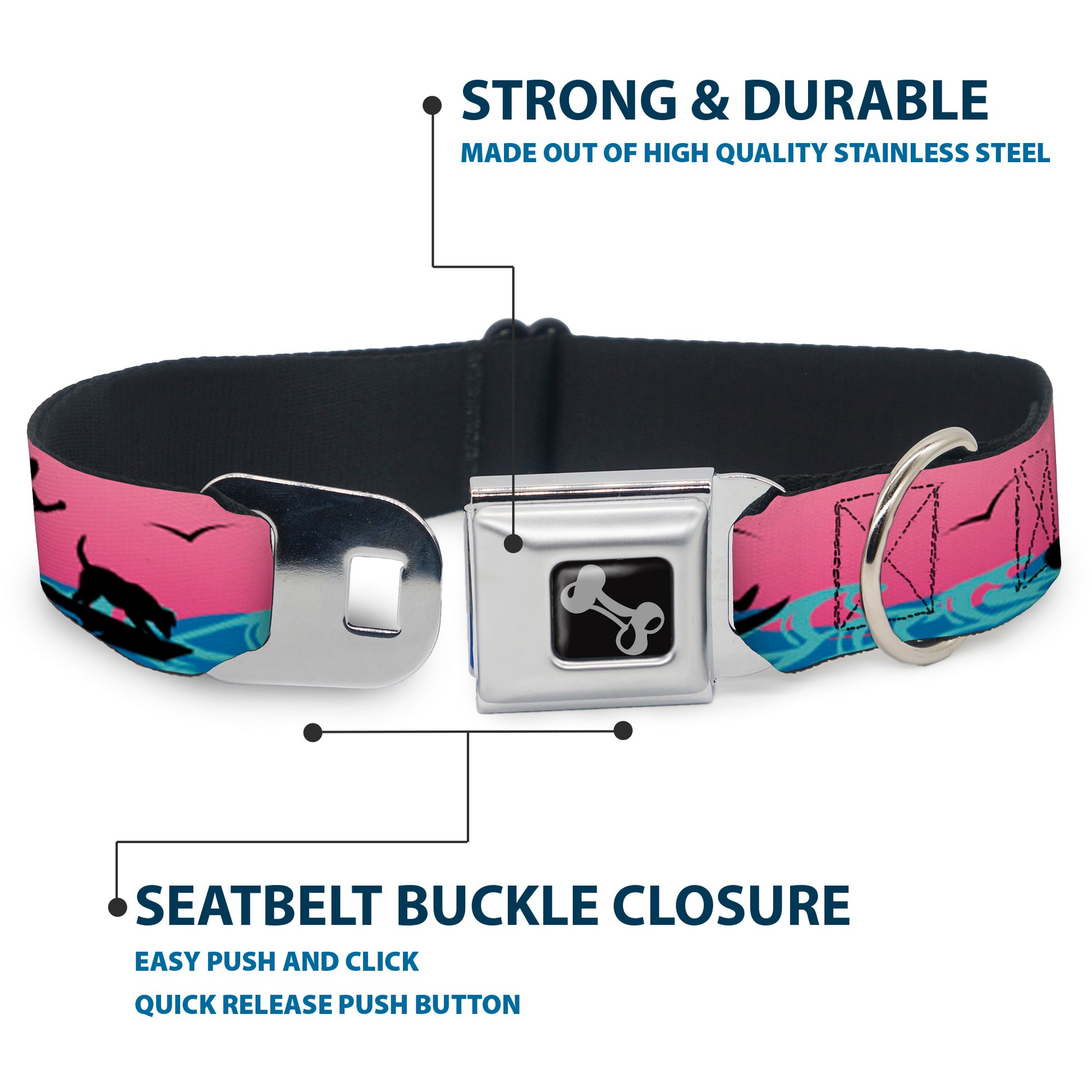 Dog Bone Seatbelt Buckle Collar - SUP w/Dog Pink/Blues/Black Seatbelt Buckle Collars Buckle-Down