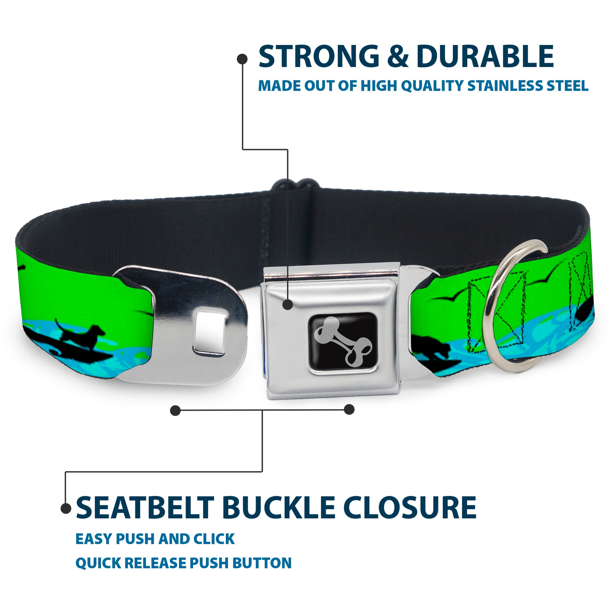 Dog Bone Seatbelt Buckle Collar - SUP w/Dog Neon Green/Blues/Black Seatbelt Buckle Collars Buckle-Down