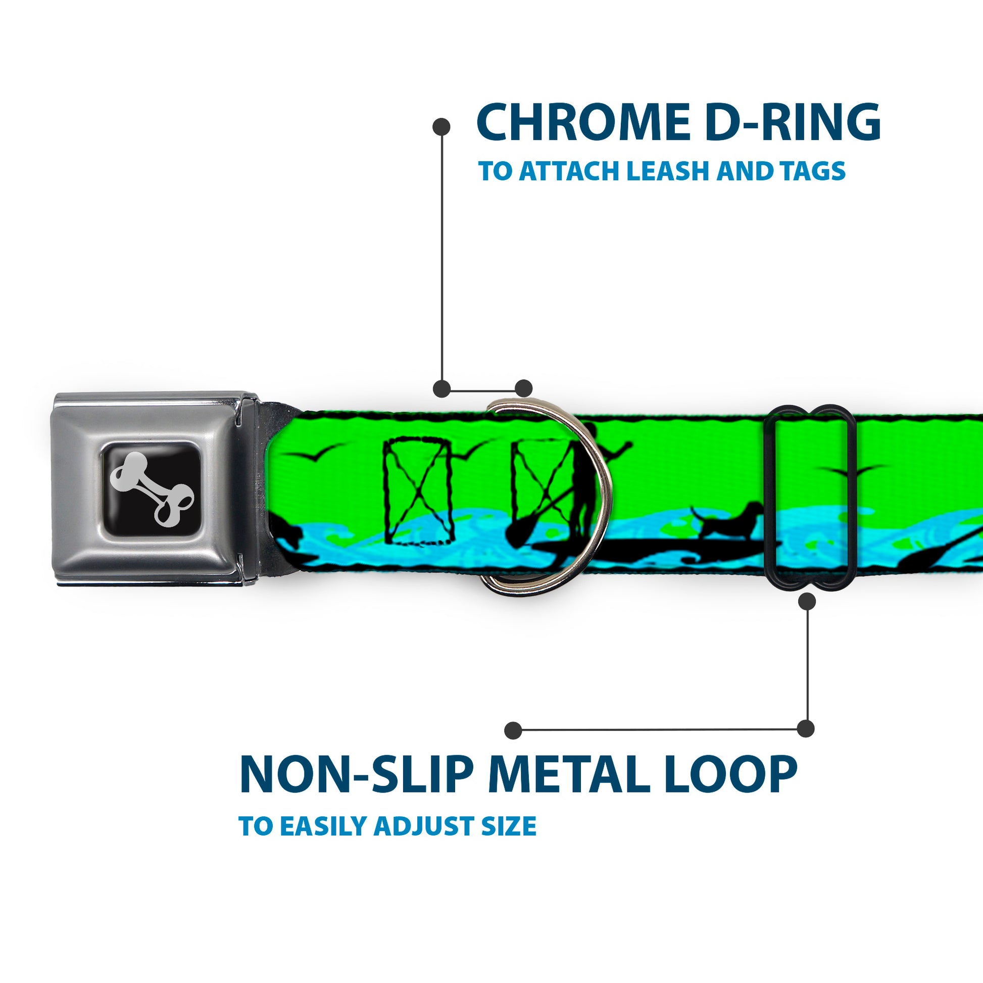 Dog Bone Seatbelt Buckle Collar - SUP w/Dog Neon Green/Blues/Black Seatbelt Buckle Collars Buckle-Down