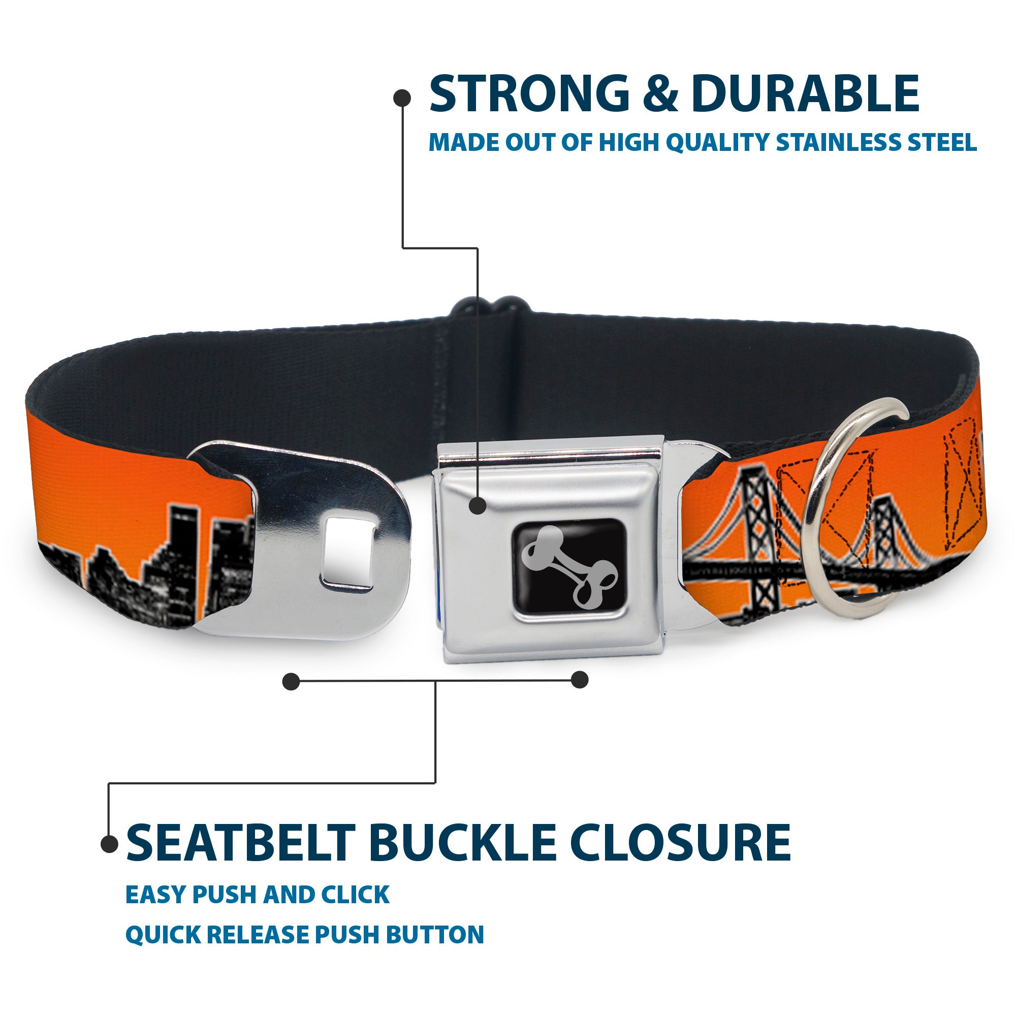 Dog Bone Seatbelt Buckle Collar - San Francisco Vivid Skyline Orange Fade/Black Seatbelt Buckle Collars Buckle-Down