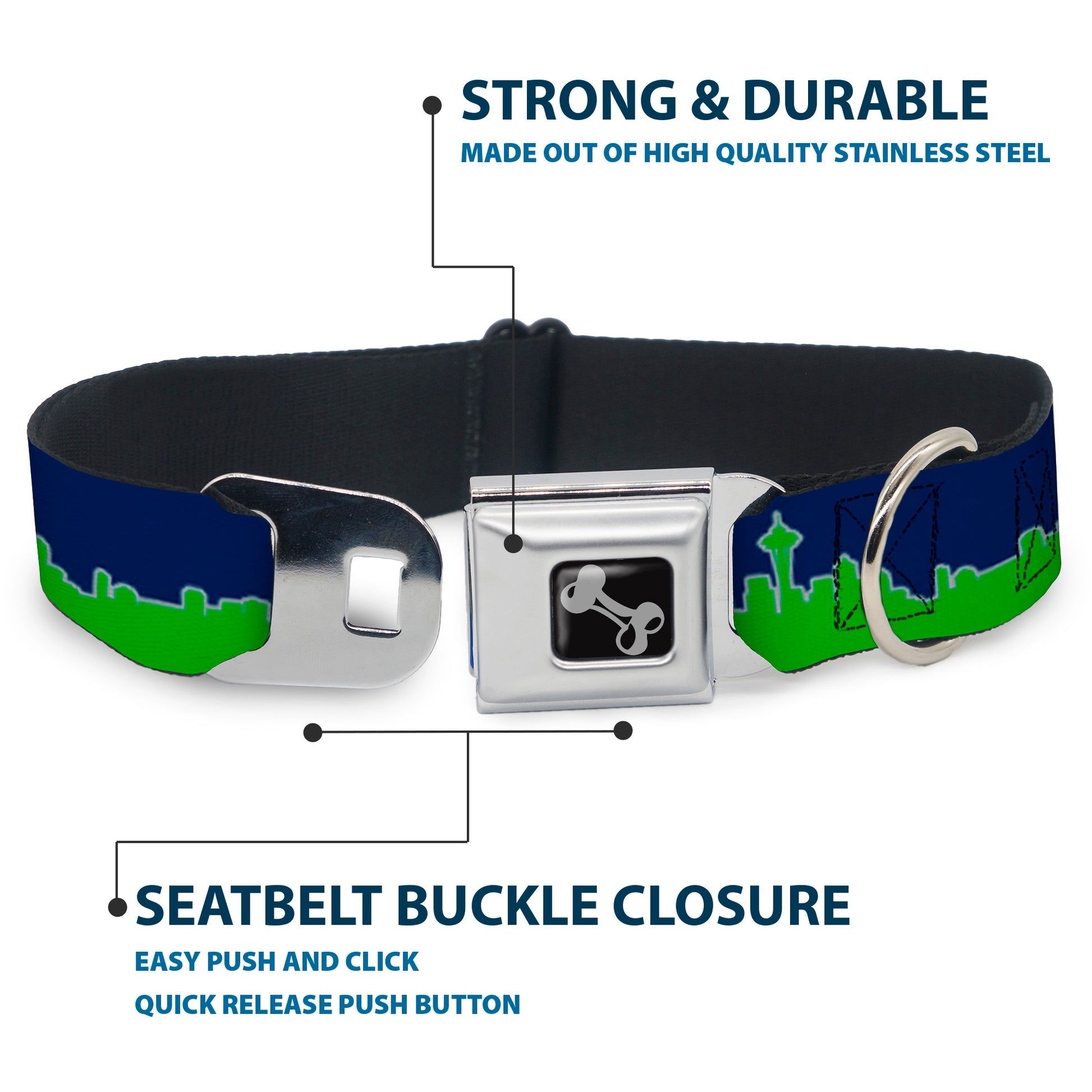 Dog Bone Black/Silver Seatbelt Buckle Collar - Seattle Skyline Navy/Gray/Green Seatbelt Buckle Collars Buckle-Down