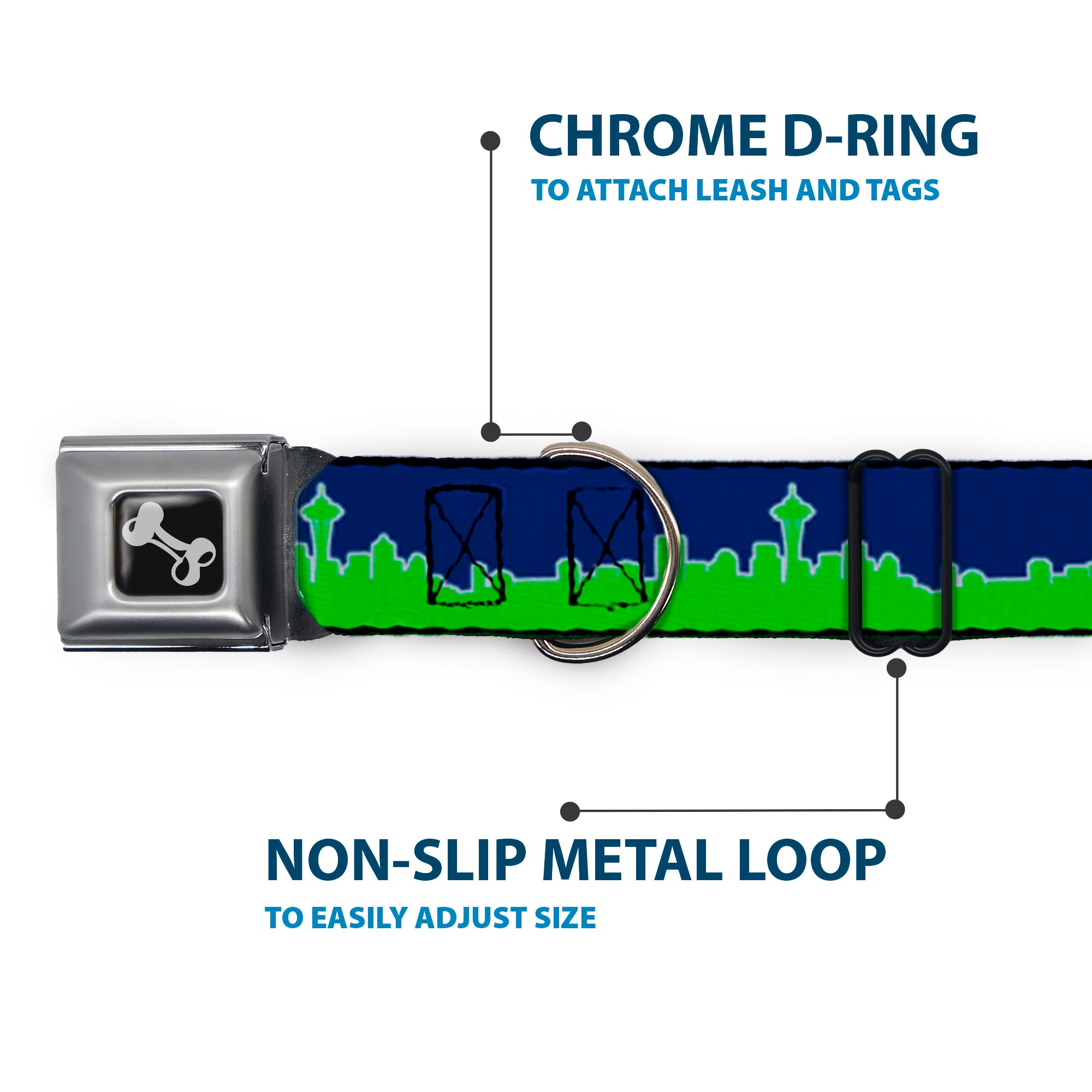Dog Bone Black/Silver Seatbelt Buckle Collar - Seattle Skyline Navy/Gray/Green Seatbelt Buckle Collars Buckle-Down