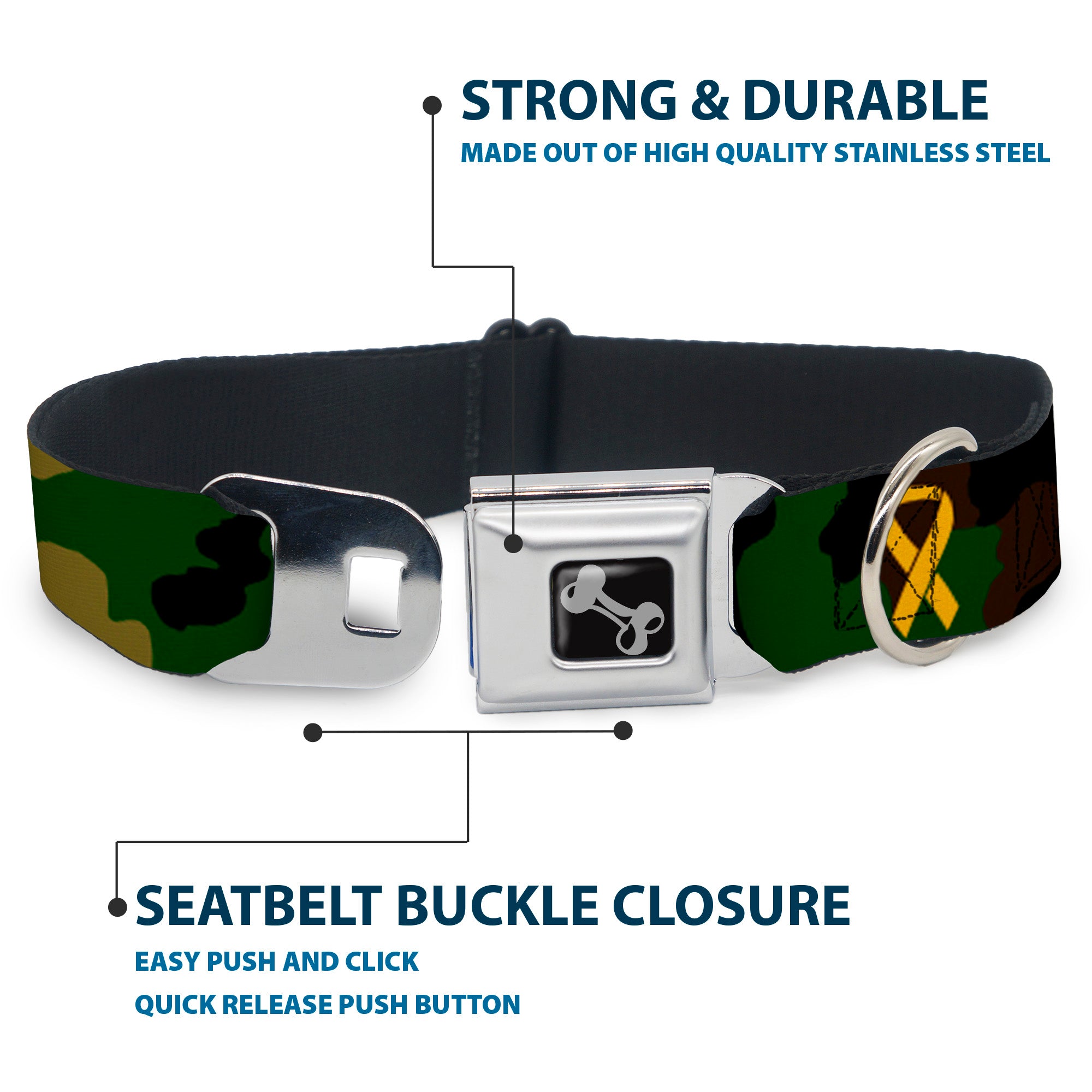 Dog Bone Seatbelt Buckle Collar - Support Our Troops Camo Olive/Yellow Ribbon Seatbelt Buckle Collars Buckle-Down