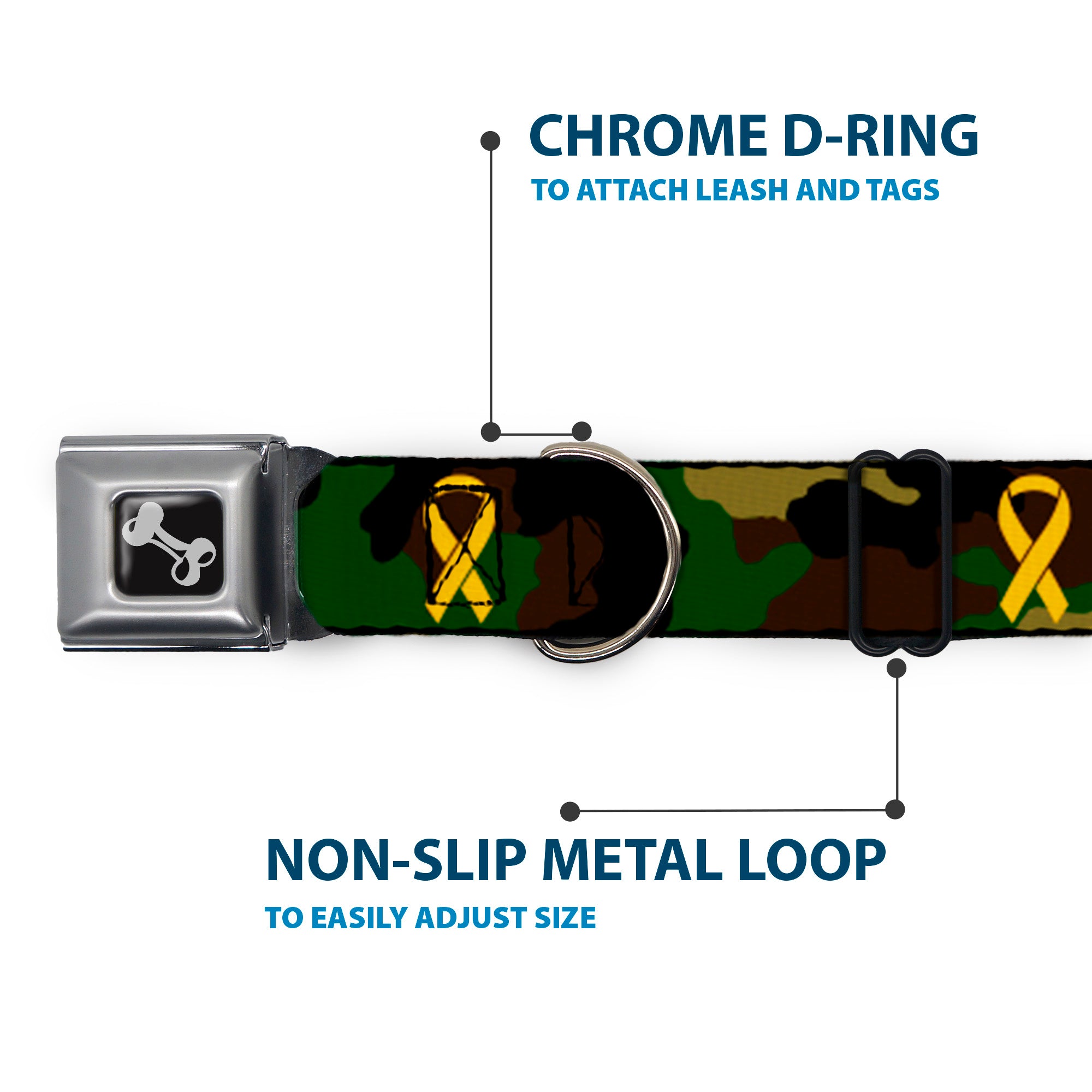 Dog Bone Seatbelt Buckle Collar - Support Our Troops Camo Olive/Yellow Ribbon Seatbelt Buckle Collars Buckle-Down