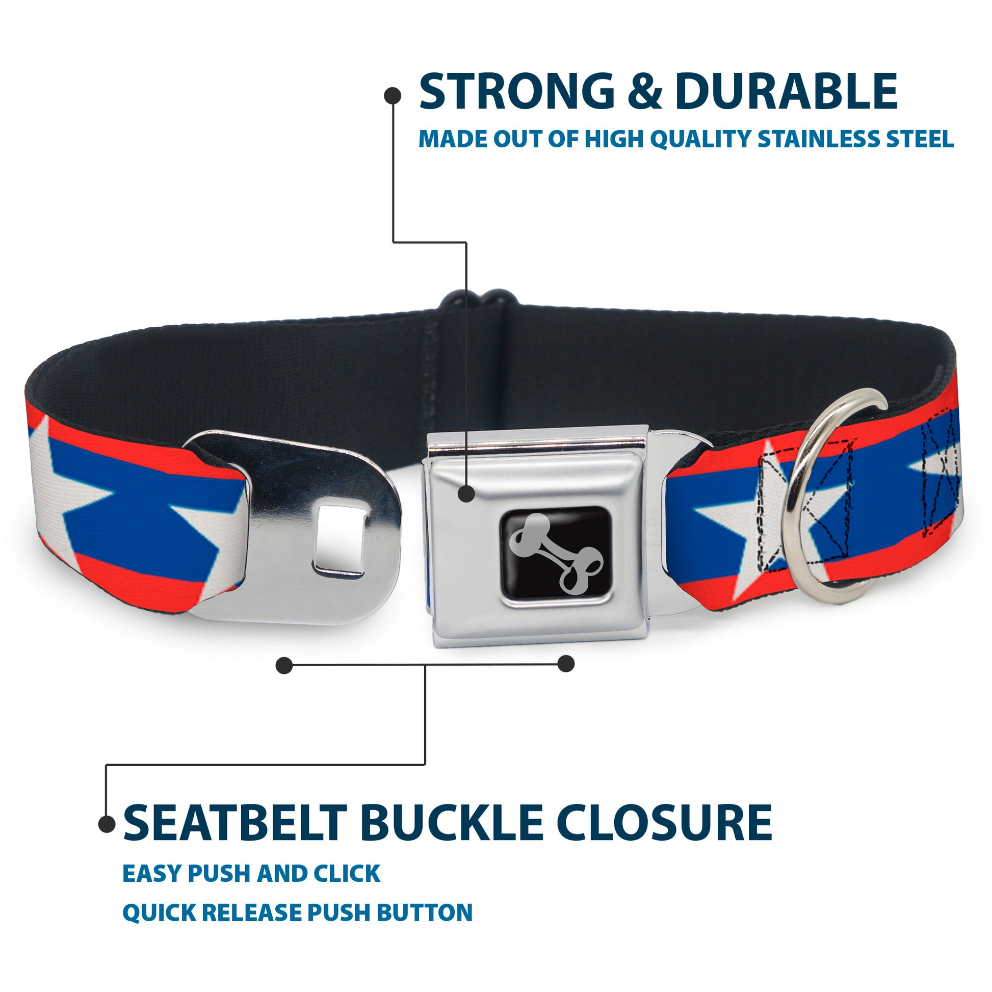 Dog Bone Seatbelt Buckle Collar - Stars/Stripes Red/Blue/White Seatbelt Buckle Collars Buckle-Down