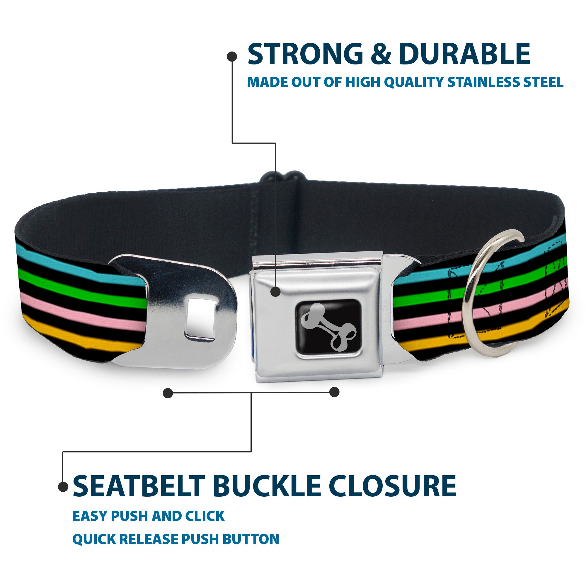 Dog Bone Seatbelt Buckle Collar - Stripe Blocks Black/Multi Pastel Seatbelt Buckle Collars Buckle-Down
