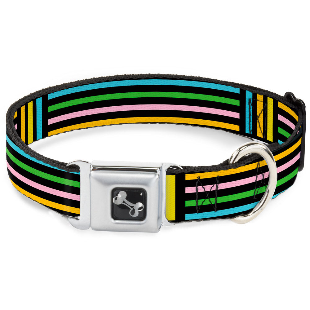 Dog Bone Seatbelt Buckle Collar - Stripe Blocks Black/Multi Pastel Seatbelt Buckle Collars Buckle-Down