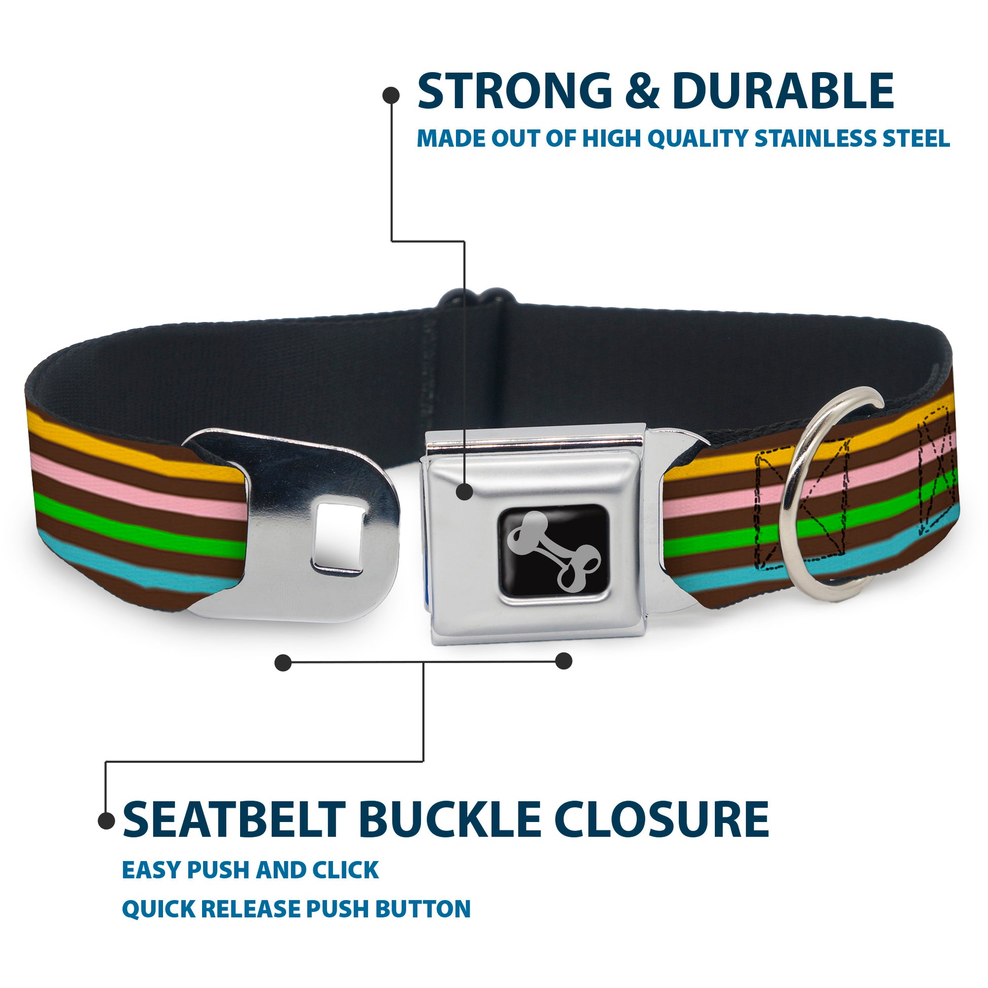 Dog Bone Seatbelt Buckle Collar - Stripe Blocks Brown/Multi Pastel Seatbelt Buckle Collars Buckle-Down