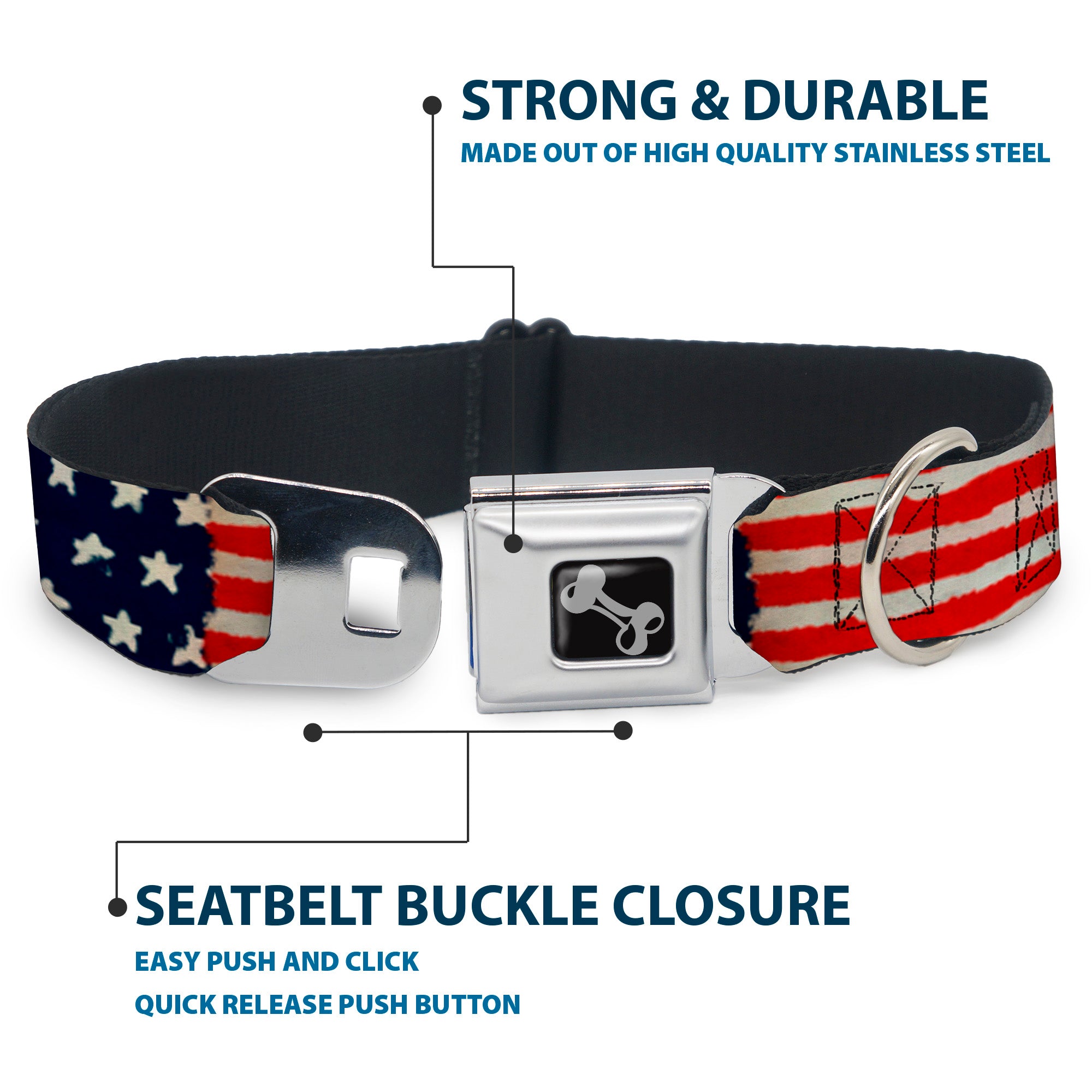 Dog Bone Seatbelt Buckle Collar - Stars & Stripes Painting Seatbelt Buckle Collars Buckle-Down