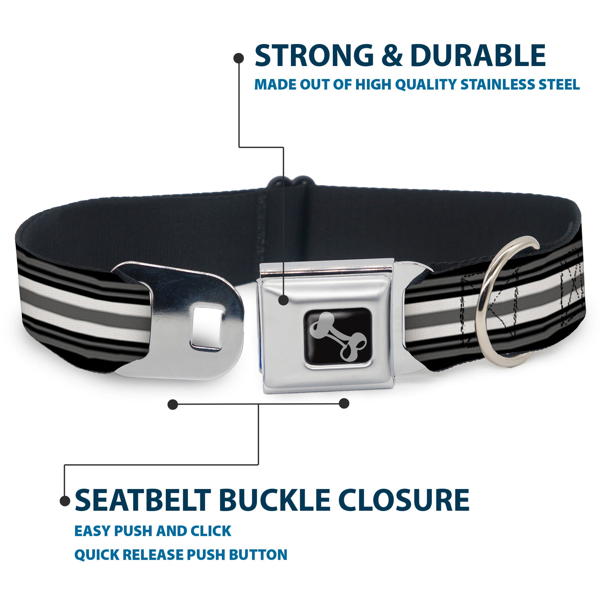 Dog Bone Seatbelt Buckle Collar - Striped Black/Gray/White Seatbelt Buckle Collars Buckle-Down