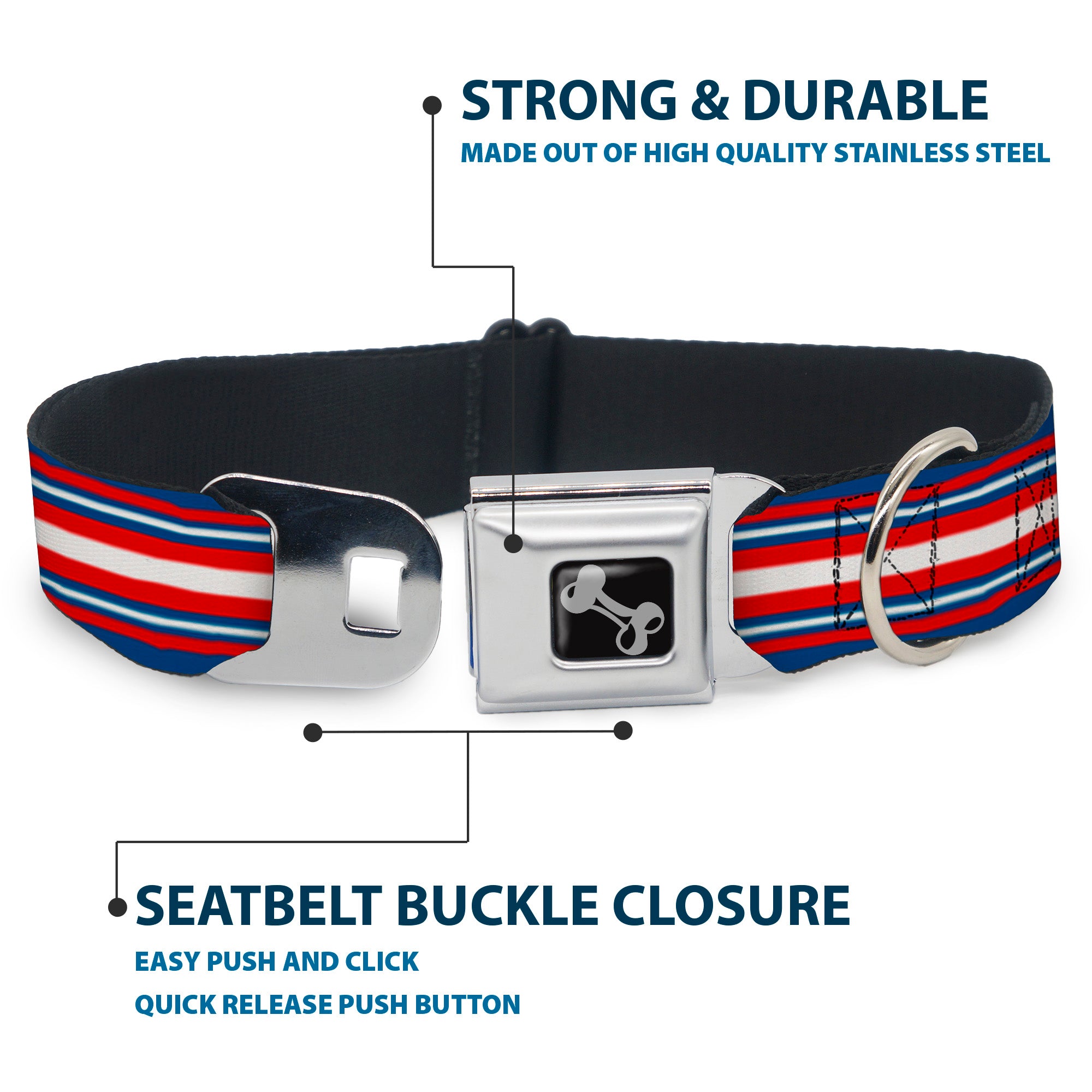 Dog Bone Seatbelt Buckle Collar - Striped Blue/Red/White Seatbelt Buckle Collars Buckle-Down