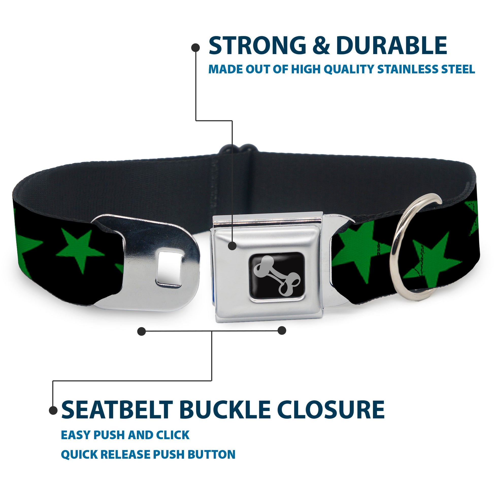 Dog Bone Seatbelt Buckle Collar - Stars Scattered Black/Green Seatbelt Buckle Collars Buckle-Down