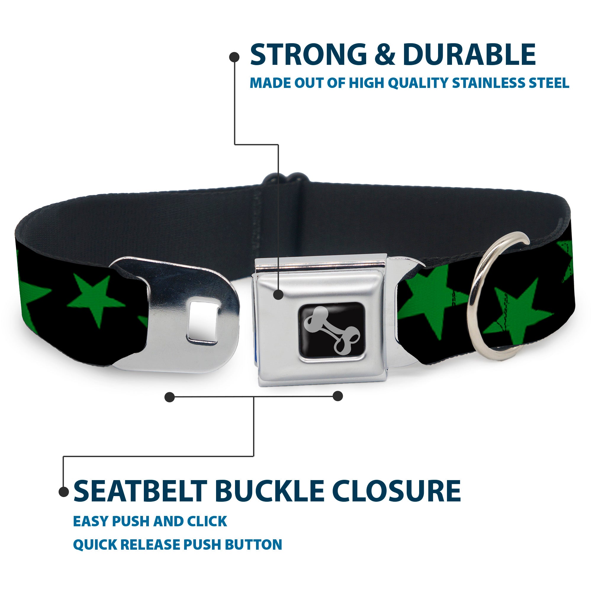 Dog Bone Seatbelt Buckle Collar - Stars Scattered Black/Green Seatbelt Buckle Collars Buckle-Down
