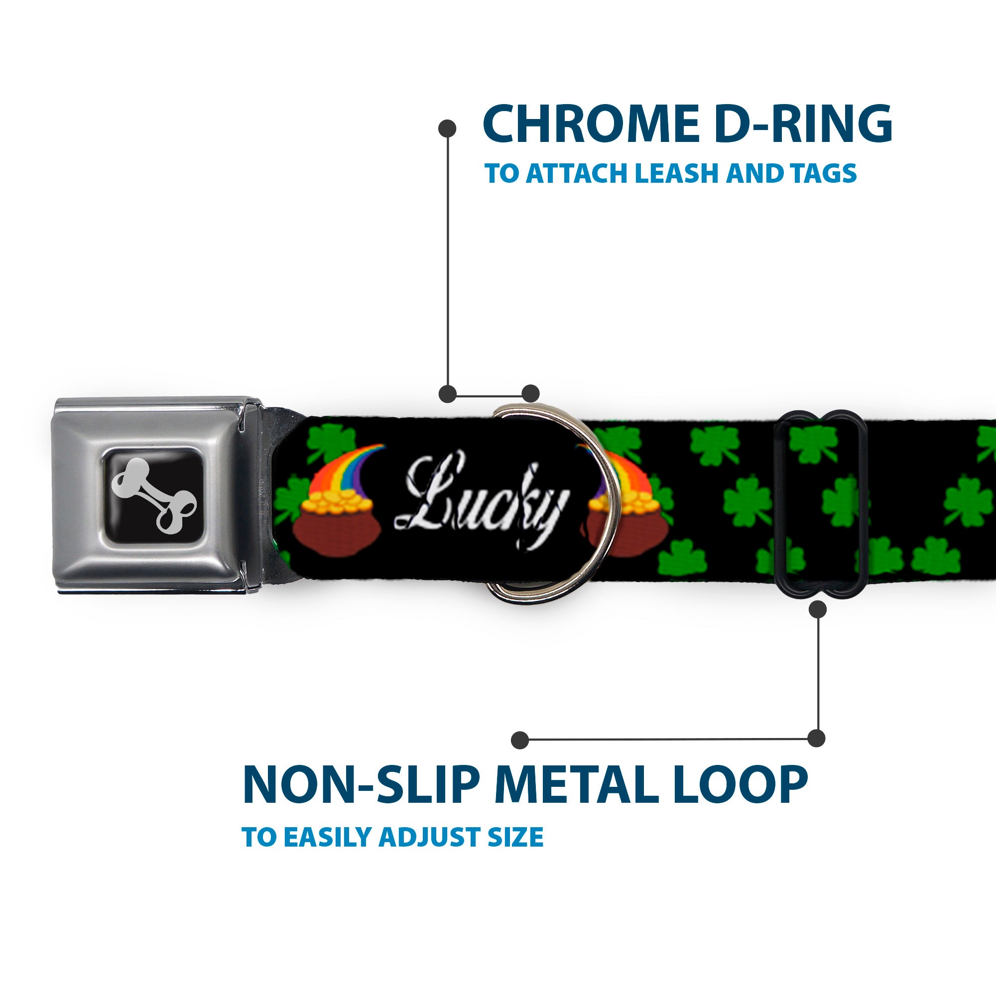 Dog Bone Seatbelt Buckle Collar - St. Pat's LUCKY Pot of Gold/Shamrocks Scattered Black/Green/White Seatbelt Buckle Collars Buckle-Down