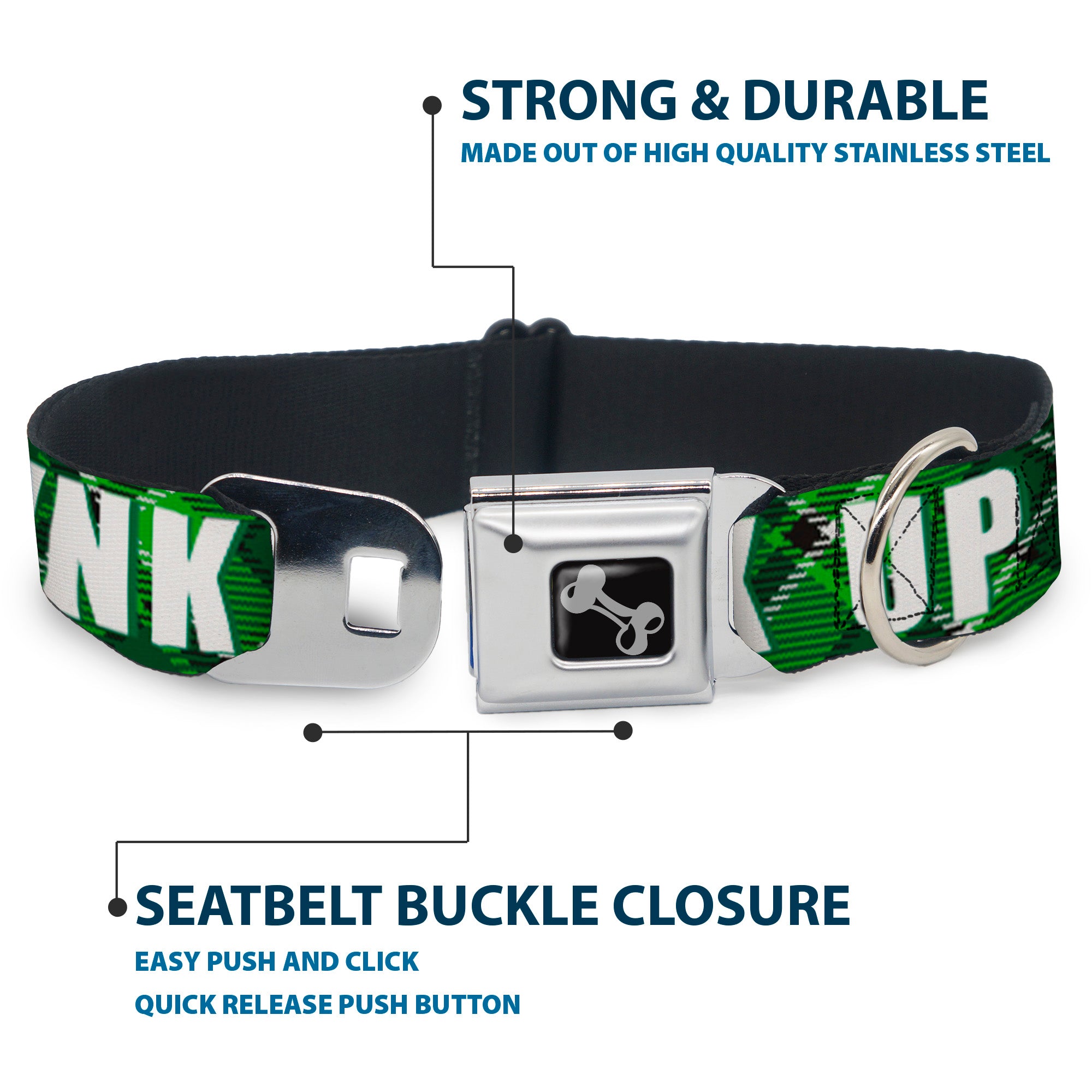 Dog Bone Black/Silver Seatbelt Buckle Collar - St. Pat's DRINK UP BITCHES/Beer Mugs/Stacked Shamrocks Greens/White/Gold Seatbelt Buckle Collars Buckle-Down