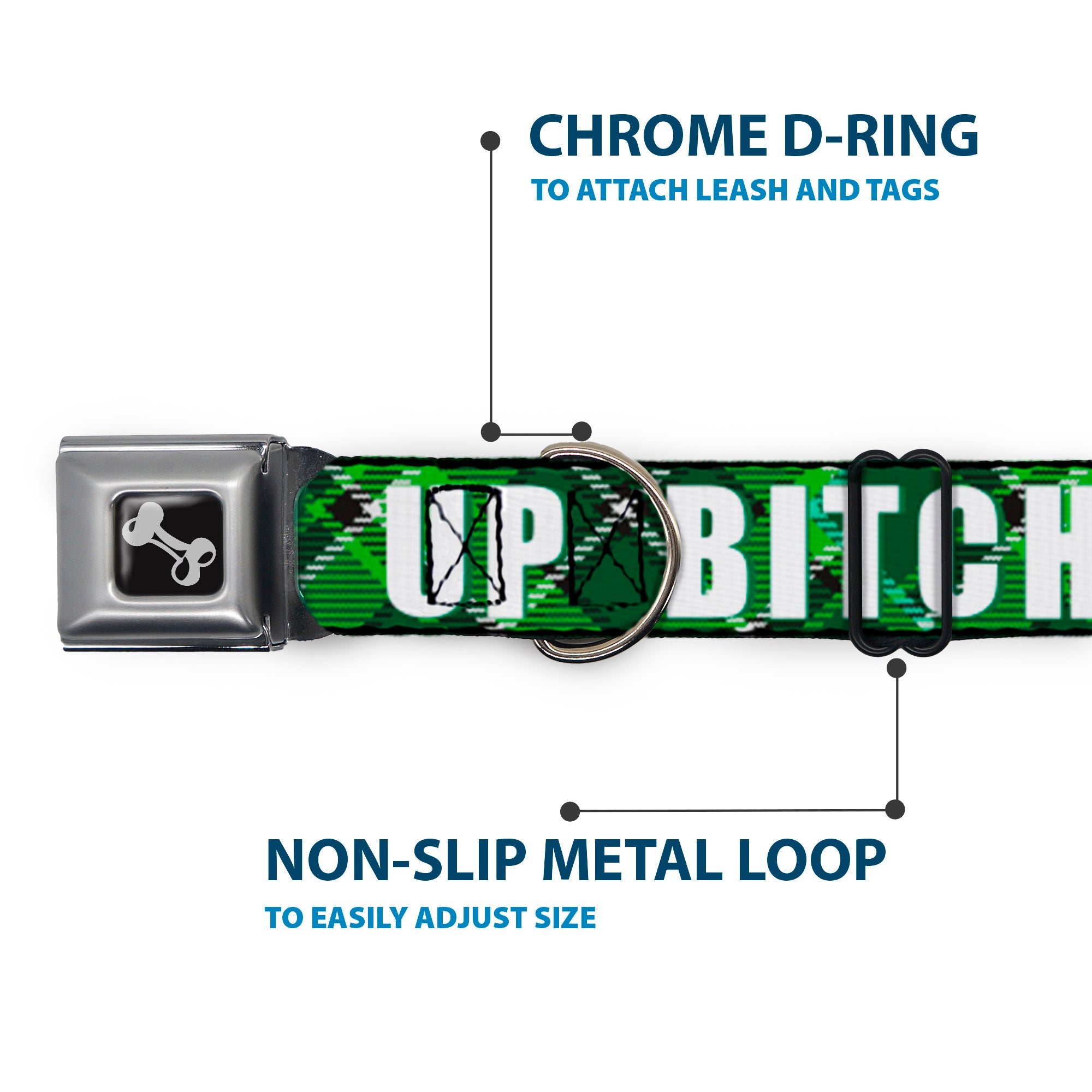 Dog Bone Black/Silver Seatbelt Buckle Collar - St. Pat's DRINK UP BITCHES/Beer Mugs/Stacked Shamrocks Greens/White/Gold Seatbelt Buckle Collars Buckle-Down