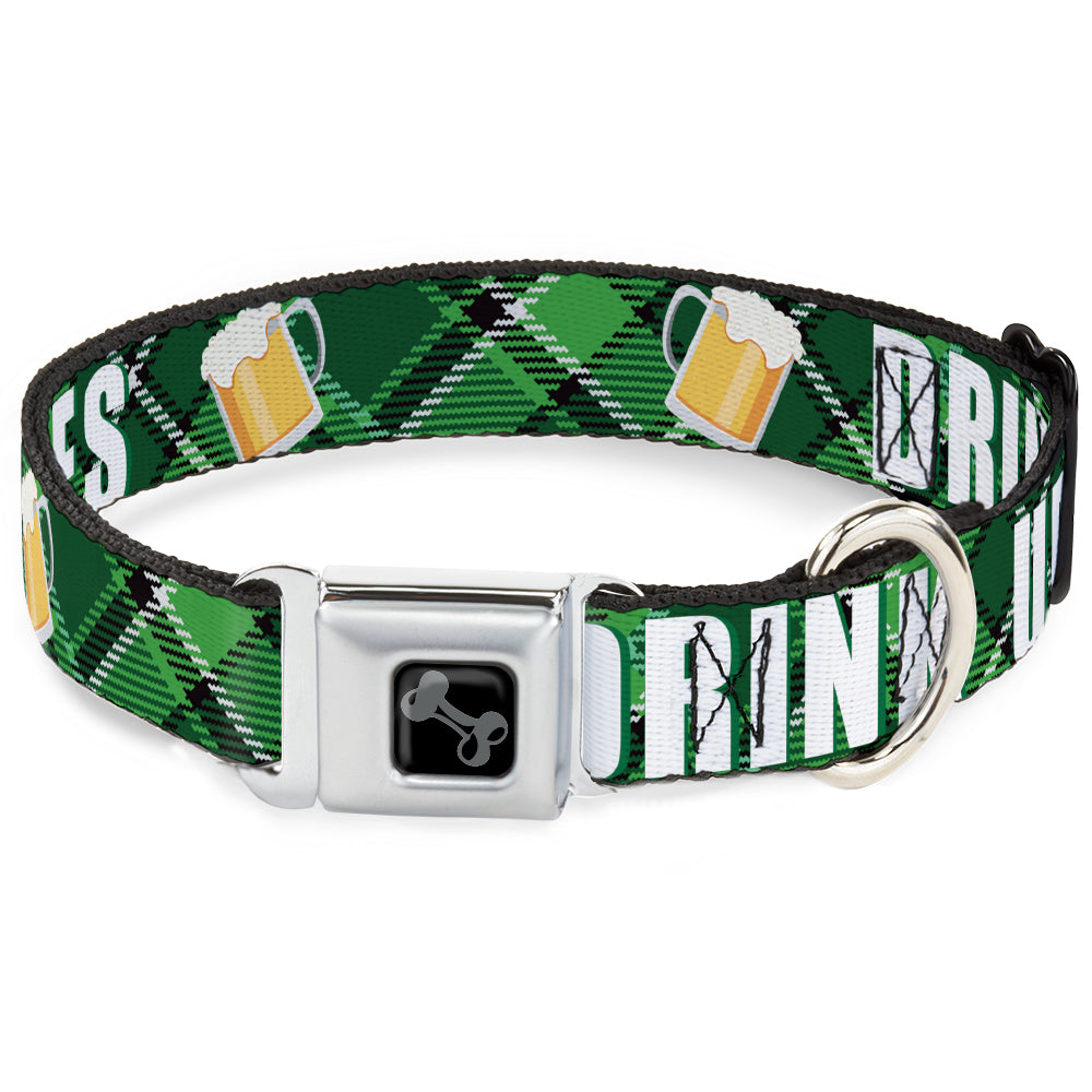 Dog Bone Black/Silver Seatbelt Buckle Collar - St. Pat's DRINK UP BITCHES/Beer Mugs/Stacked Shamrocks Greens/White/Gold Seatbelt Buckle Collars Buckle-Down