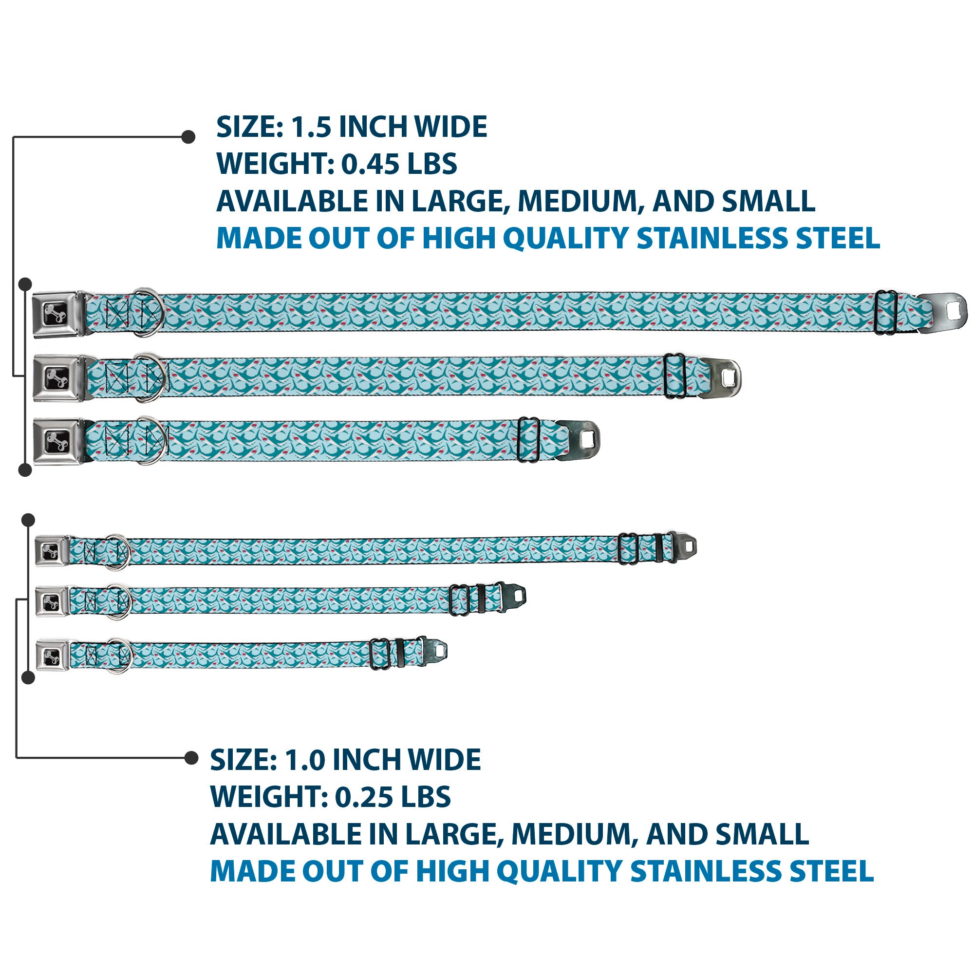 Dog Bone Seatbelt Buckle Collar - Shark 3-Rows Light Blue Seatbelt Buckle Collars Buckle-Down