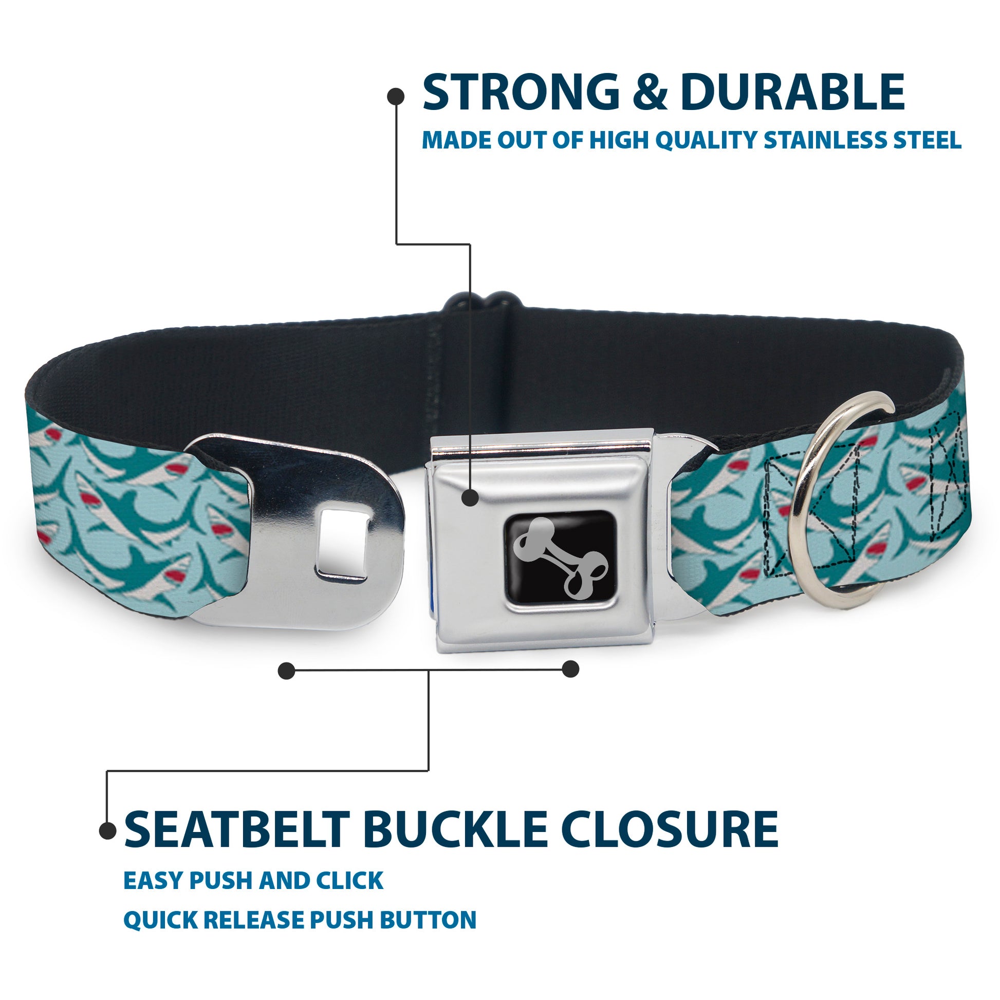 Dog Bone Seatbelt Buckle Collar - Shark 3-Rows Light Blue Seatbelt Buckle Collars Buckle-Down