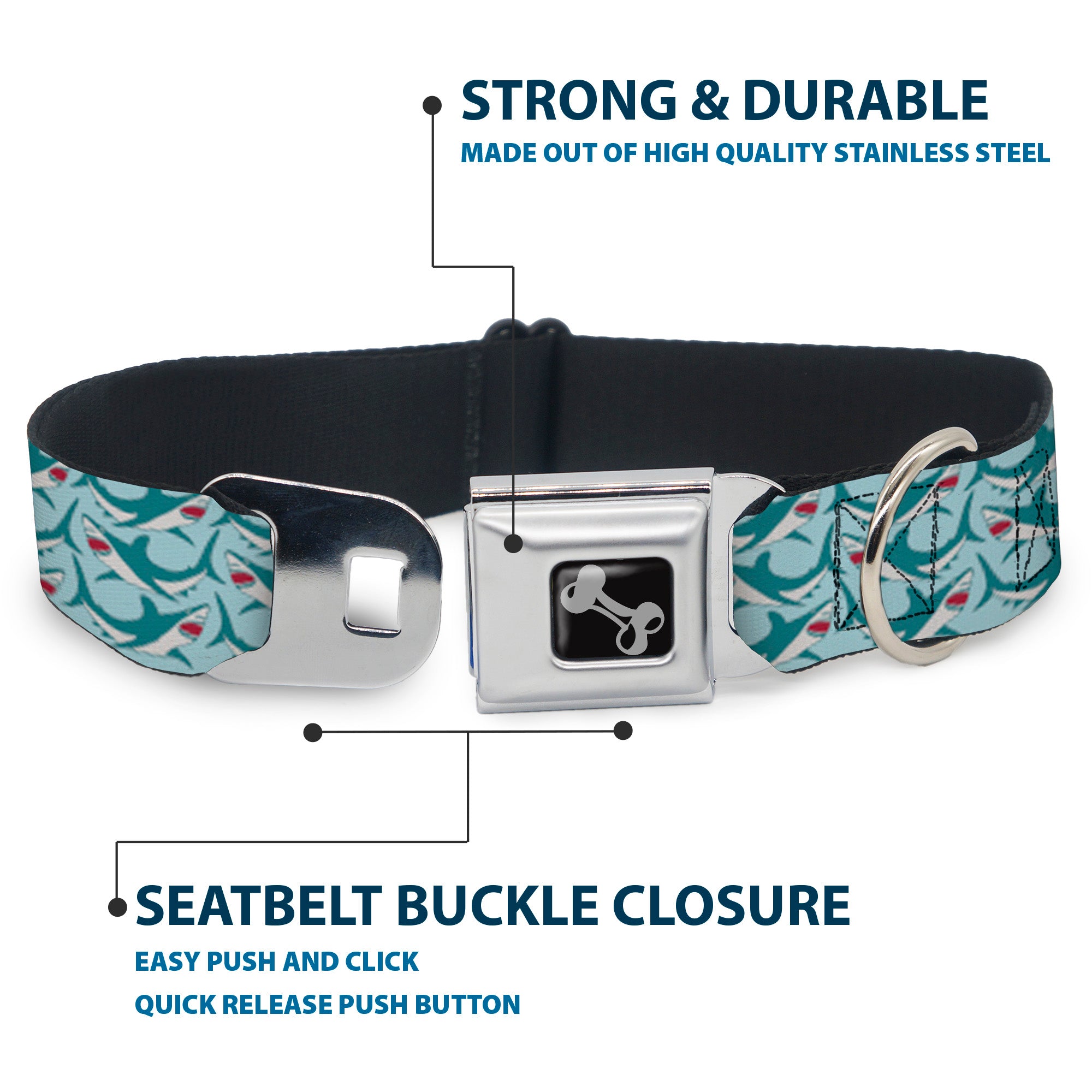 Dog Bone Seatbelt Buckle Collar - Shark 3-Rows Light Blue Seatbelt Buckle Collars Buckle-Down