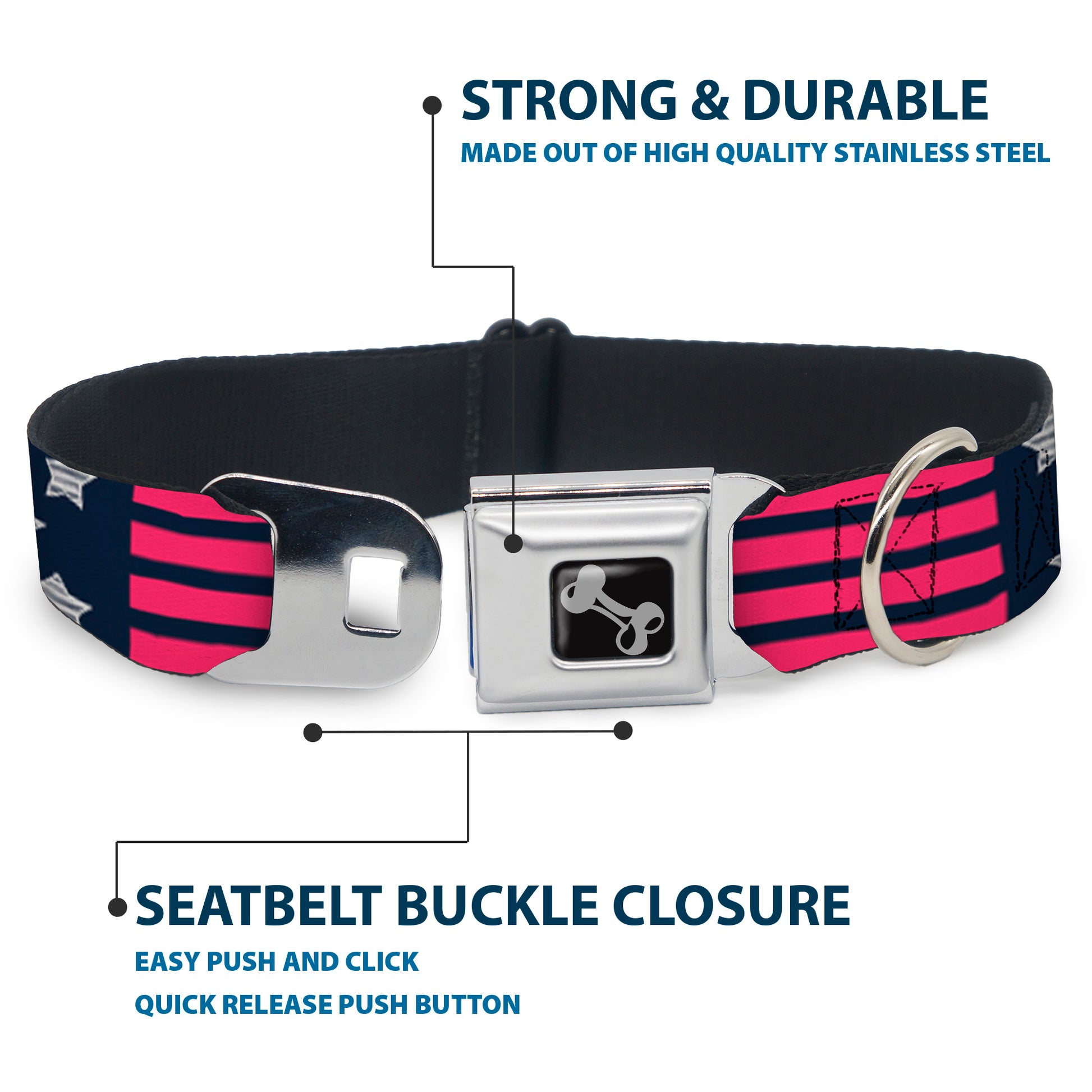 Dog Bone Seatbelt Buckle Collar - Stars & Stripes2 Blue/White/Pink Seatbelt Buckle Collars Buckle-Down