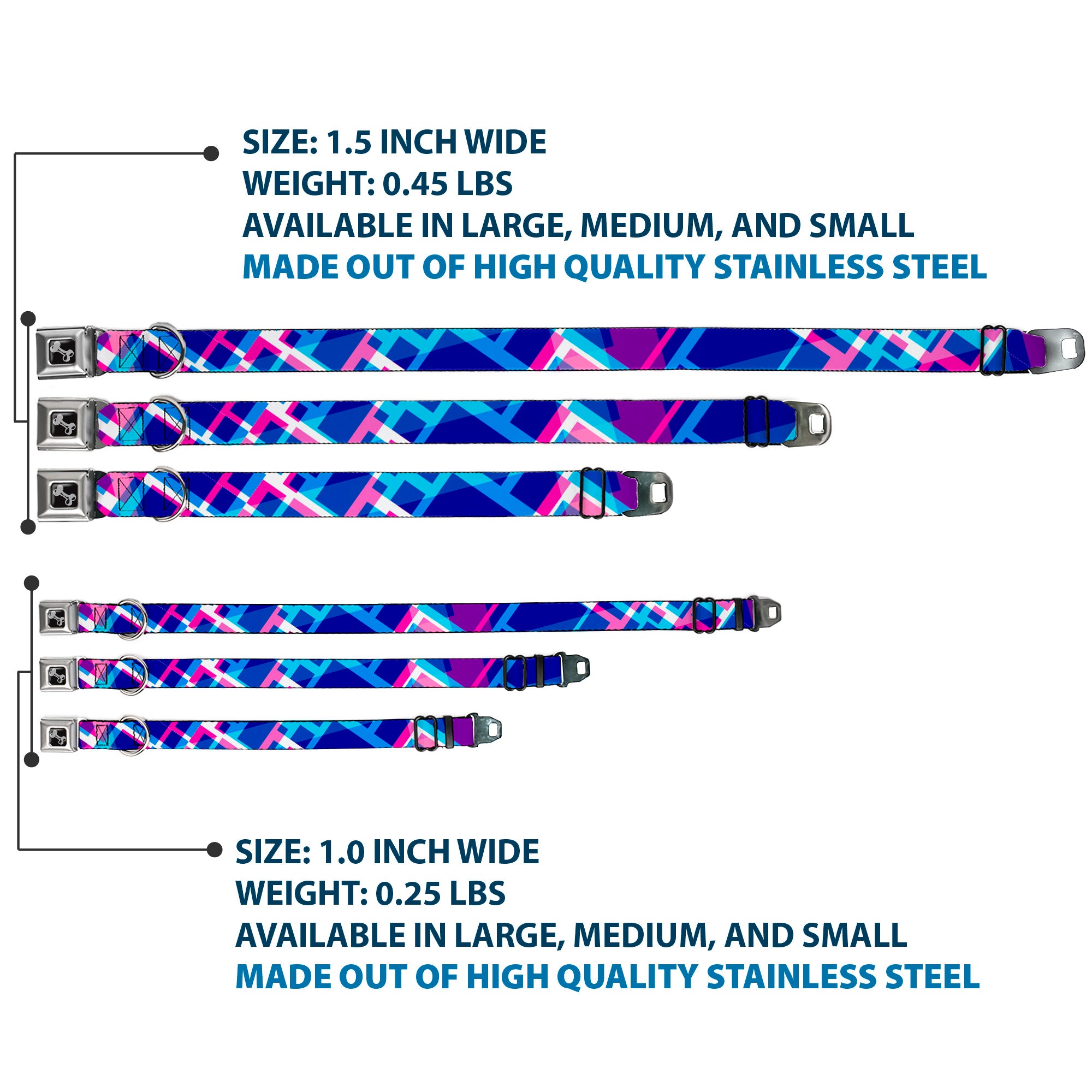 Dog Bone Seatbelt Buckle Collar - Squares Stacked Blues/Pinks/Purples Seatbelt Buckle Collars Buckle-Down