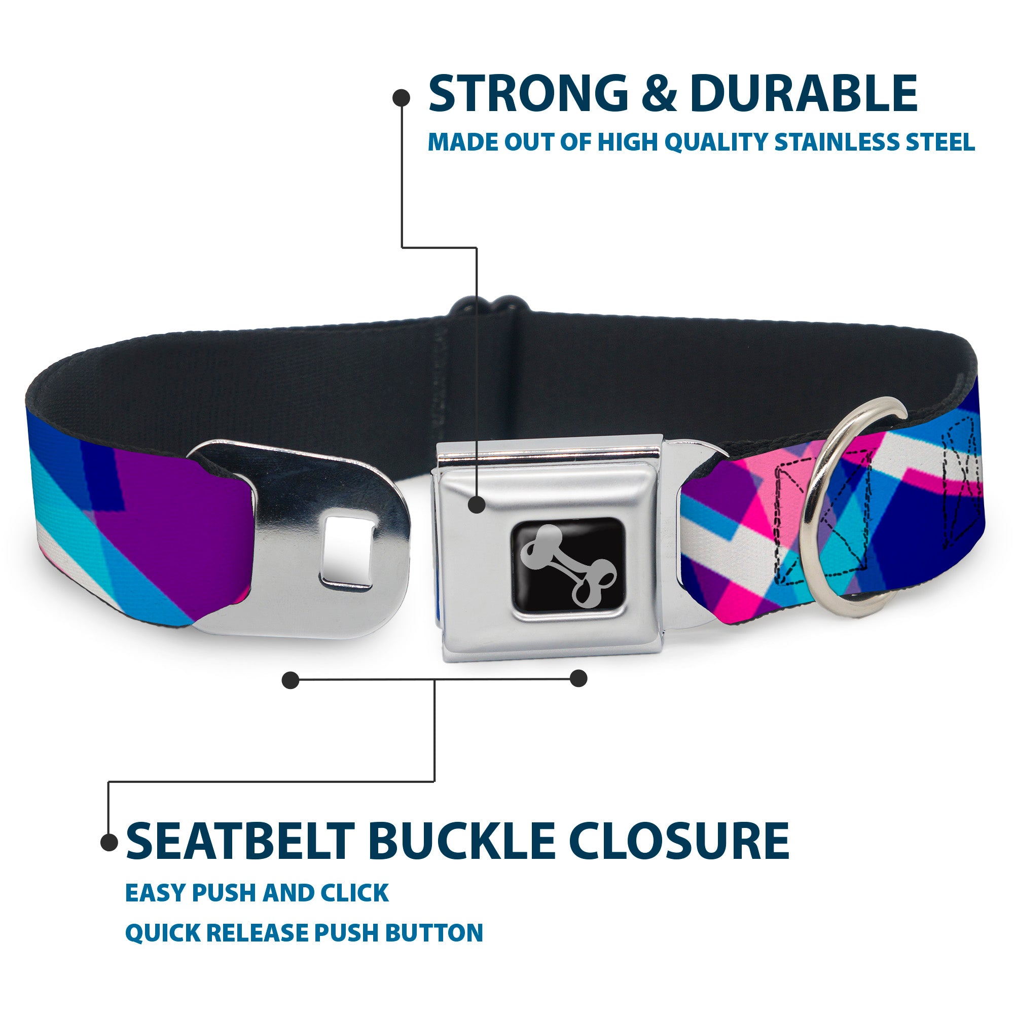 Dog Bone Seatbelt Buckle Collar - Squares Stacked Blues/Pinks/Purples Seatbelt Buckle Collars Buckle-Down
