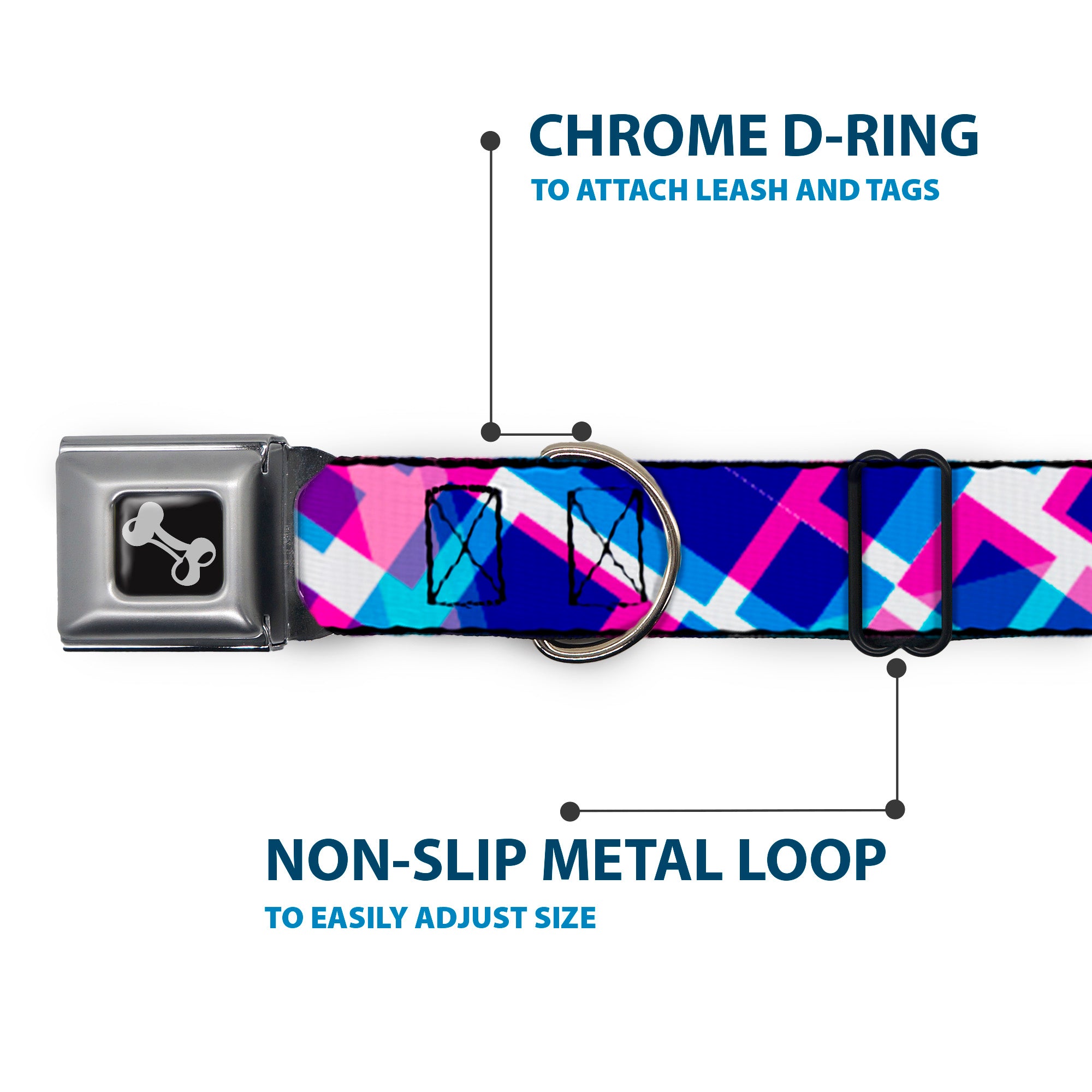 Dog Bone Seatbelt Buckle Collar - Squares Stacked Blues/Pinks/Purples Seatbelt Buckle Collars Buckle-Down