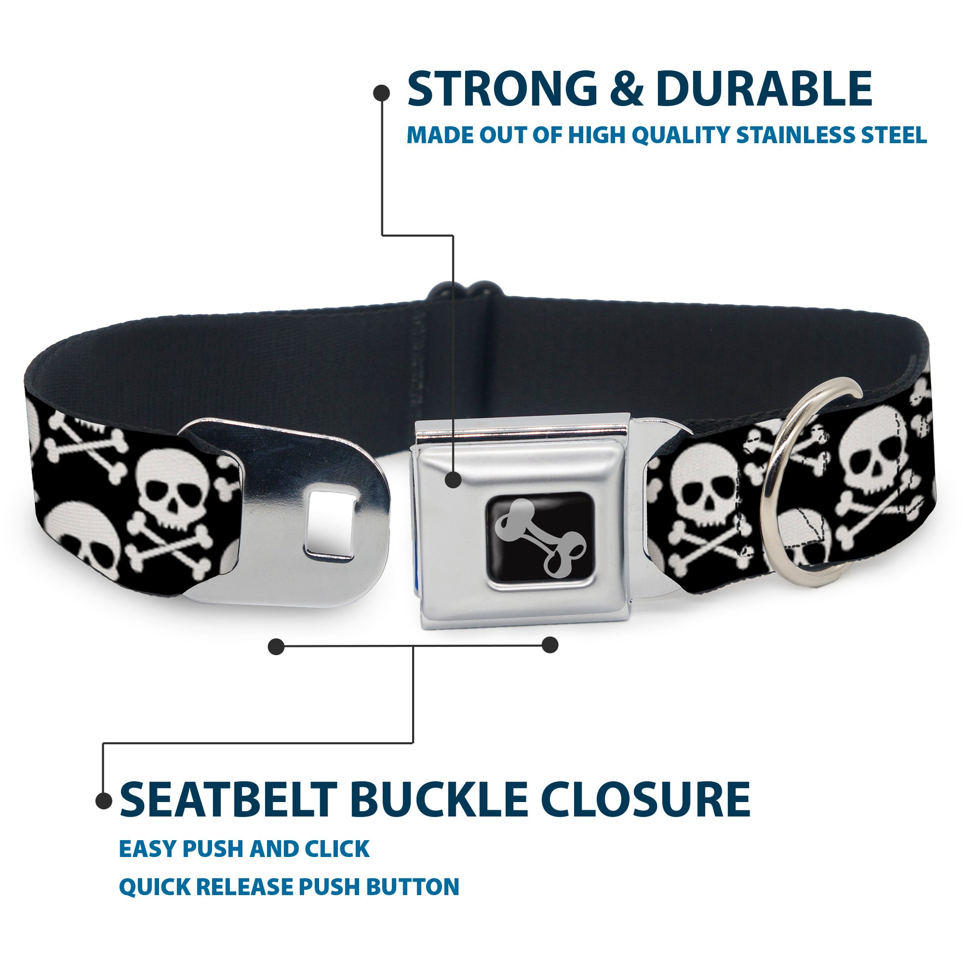 Dog Bone Black/Silver Seatbelt Buckle Collar - Skull & Cross Bones Staggered Black/White Seatbelt Buckle Collars Buckle-Down