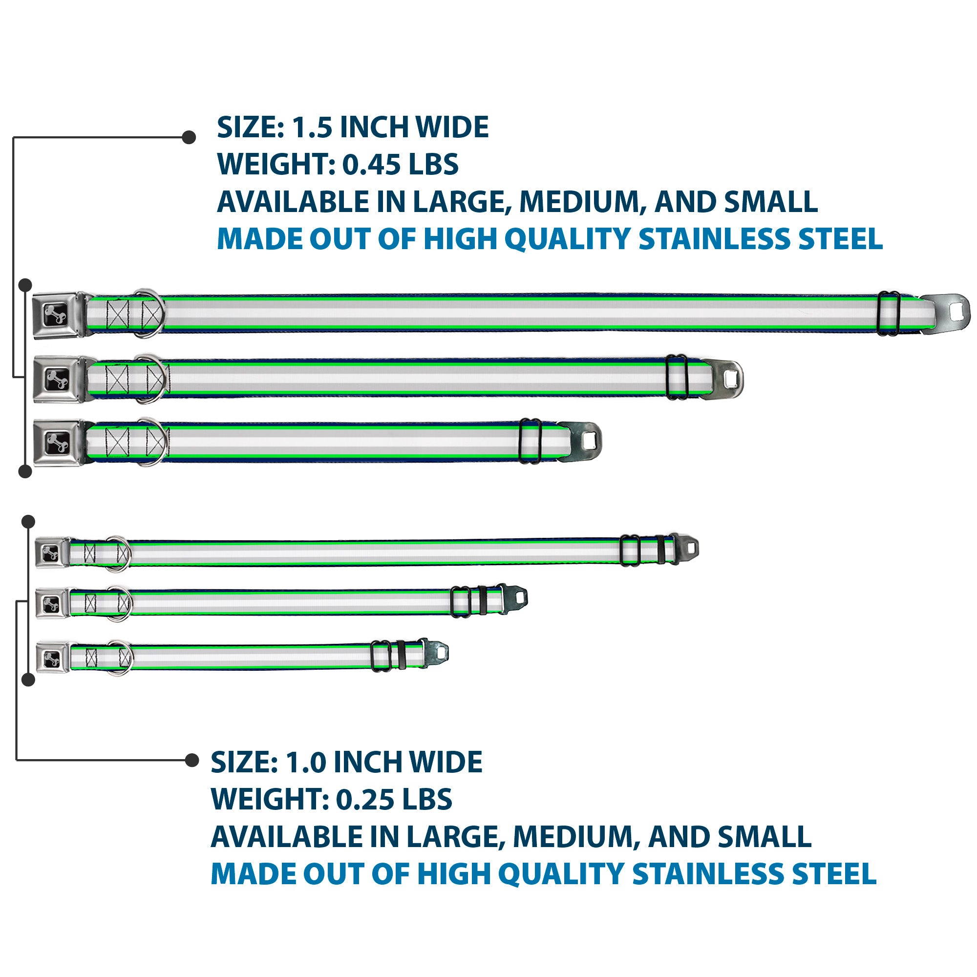 Dog Bone Black/Silver Seatbelt Buckle Collar - Stripes Navy/Neon Green/Silver/White Seatbelt Buckle Collars Buckle-Down