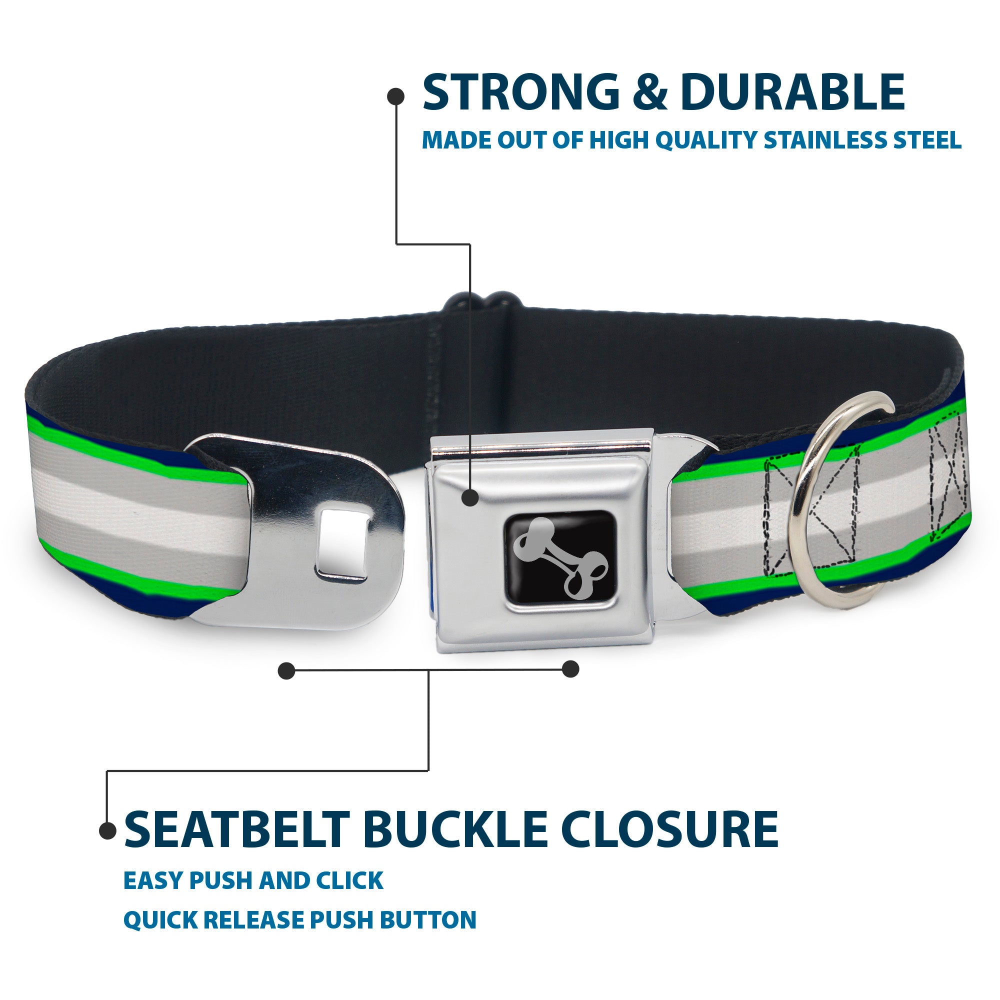 Dog Bone Black/Silver Seatbelt Buckle Collar - Stripes Navy/Neon Green/Silver/White Seatbelt Buckle Collars Buckle-Down