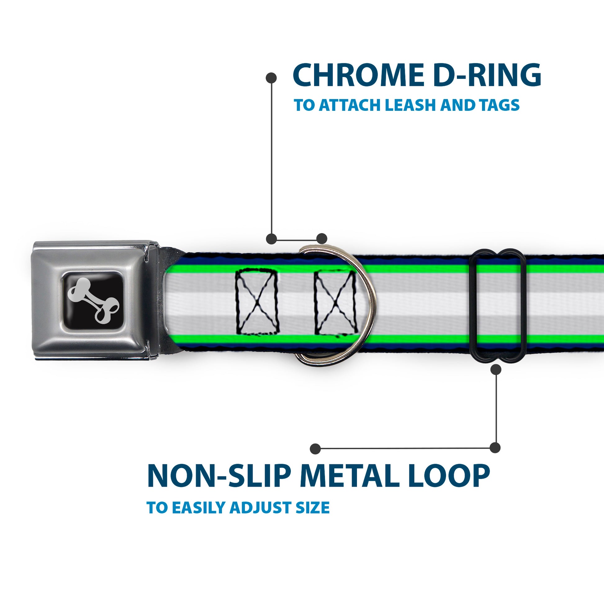 Dog Bone Black/Silver Seatbelt Buckle Collar - Stripes Navy/Neon Green/Silver/White Seatbelt Buckle Collars Buckle-Down