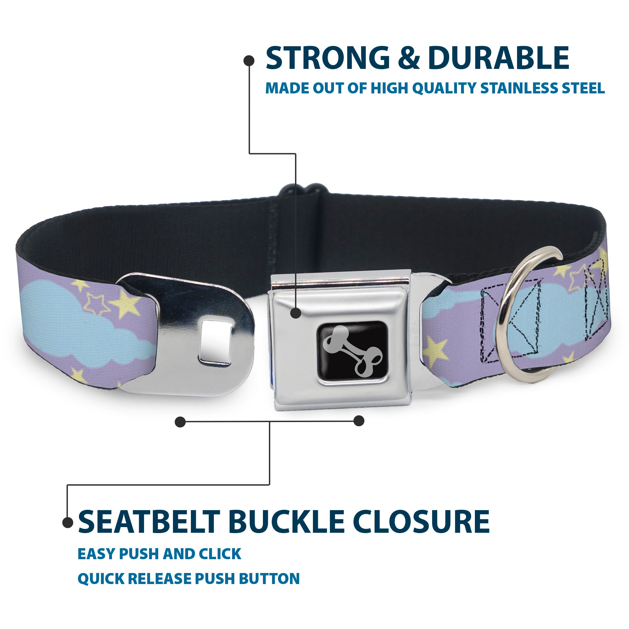 Dog Bone Seatbelt Buckle Collar - Cloudy/Starry Sky Lavender/Blue/Yellow Seatbelt Buckle Collars Buckle-Down