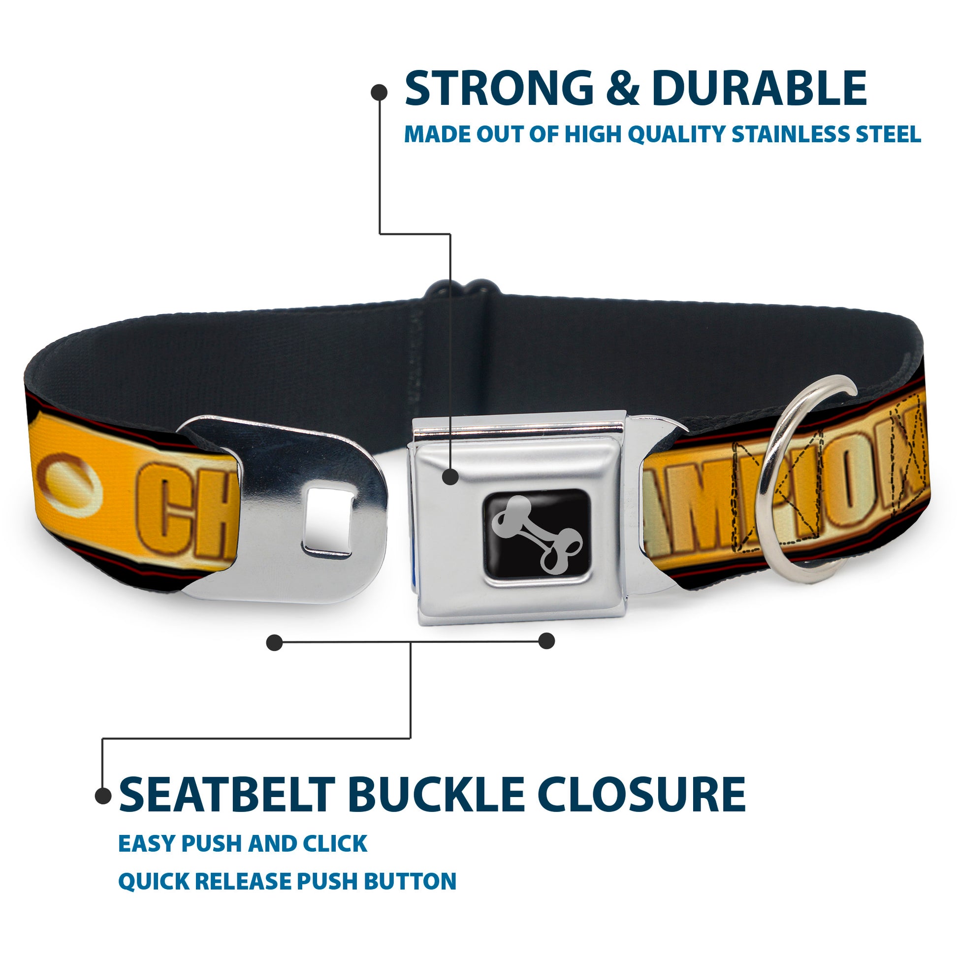 Dog Bone Seatbelt Buckle Collar - CHAMPION Belt/Icons Black/Golds Seatbelt Buckle Collars Buckle-Down