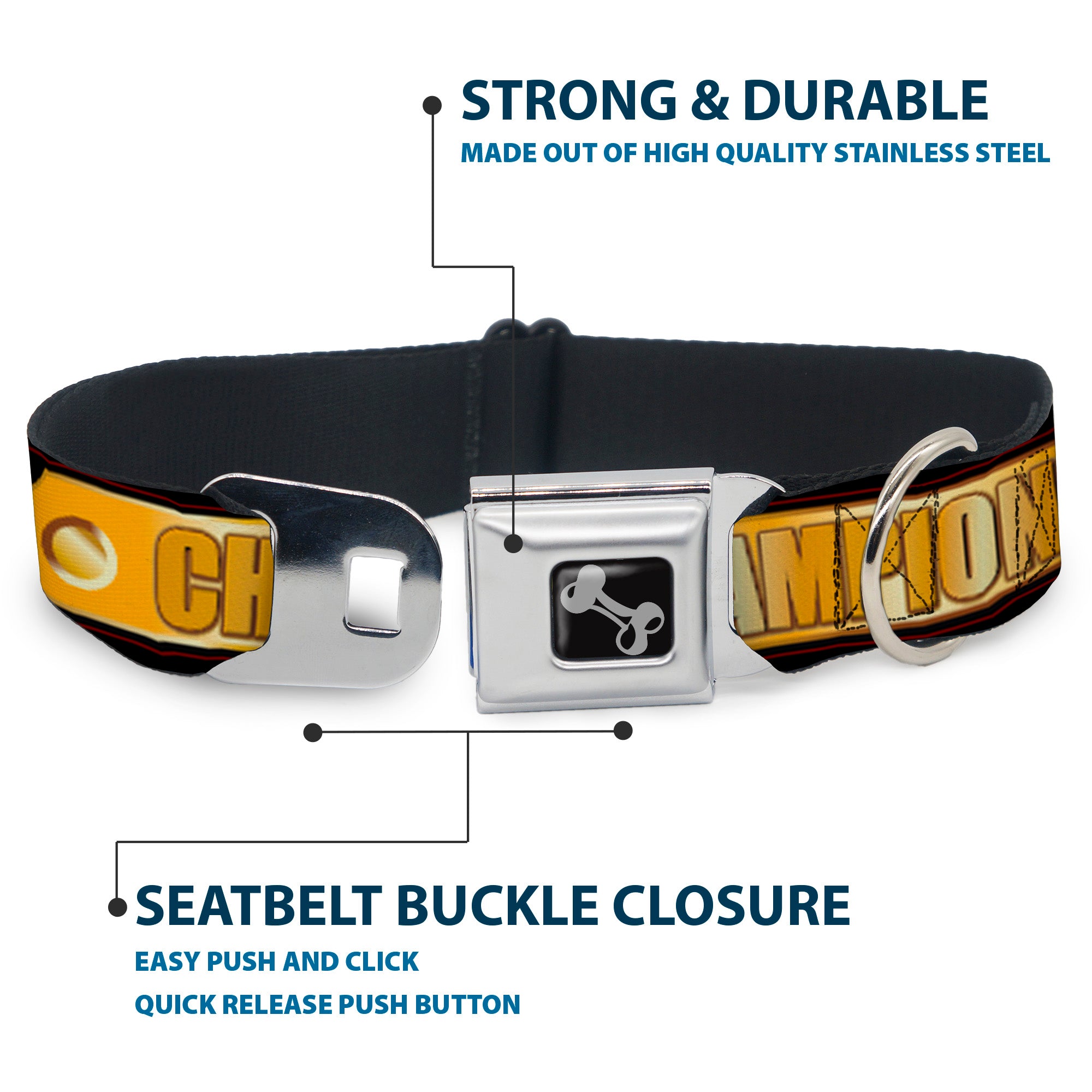 Dog Bone Seatbelt Buckle Collar - CHAMPION Belt/Icons Black/Golds Seatbelt Buckle Collars Buckle-Down