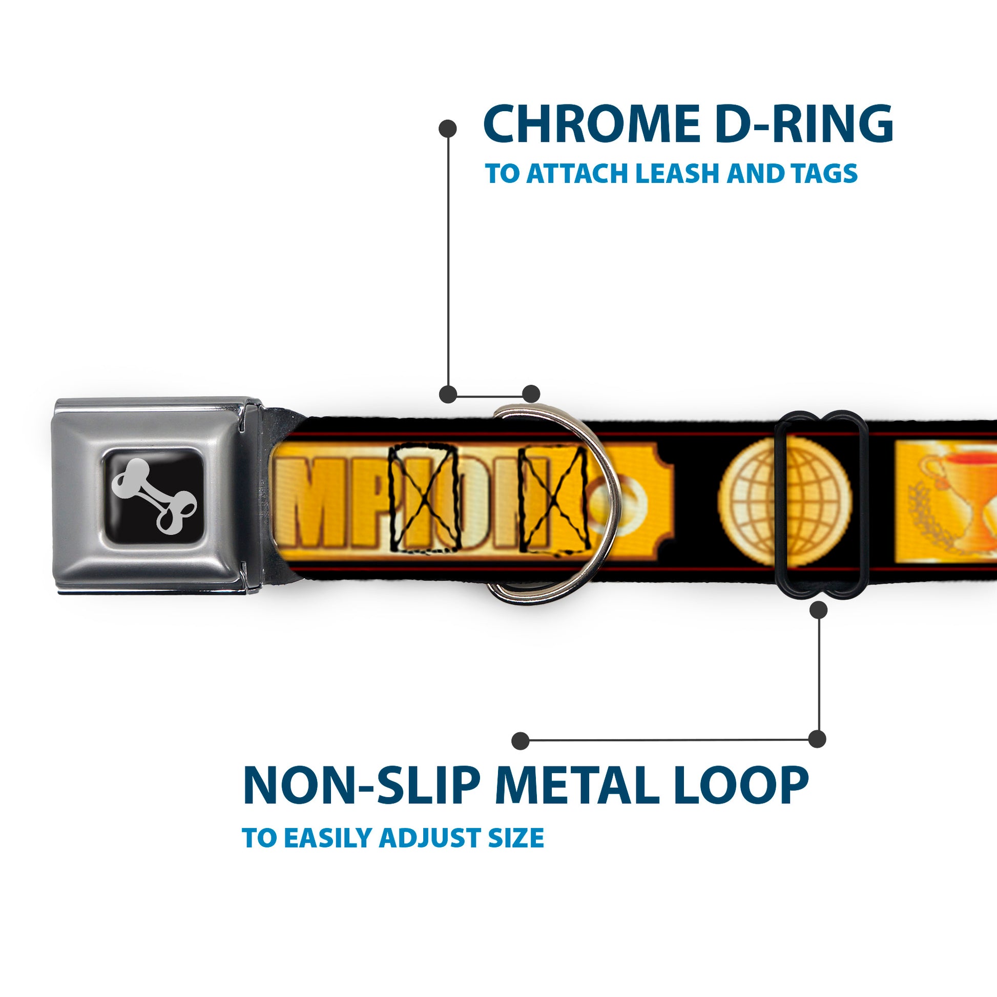 Dog Bone Seatbelt Buckle Collar - CHAMPION Belt/Icons Black/Golds Seatbelt Buckle Collars Buckle-Down