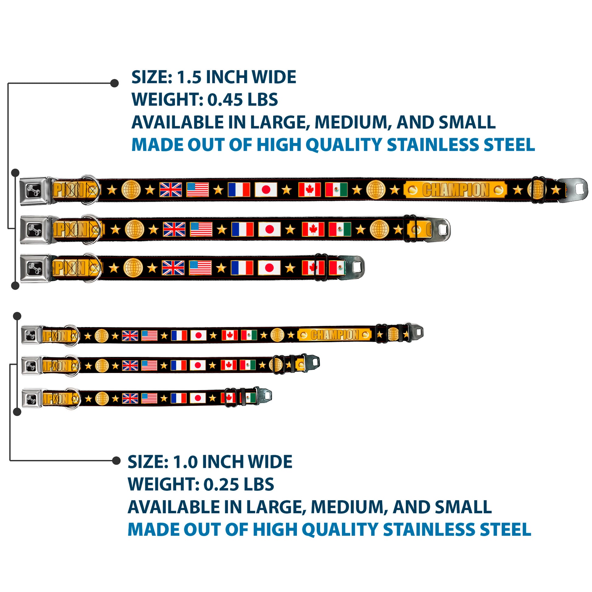 Dog Bone Seatbelt Buckle Collar - CHAMPION Belt/Flags/Stars Black/Golds Seatbelt Buckle Collars Buckle-Down