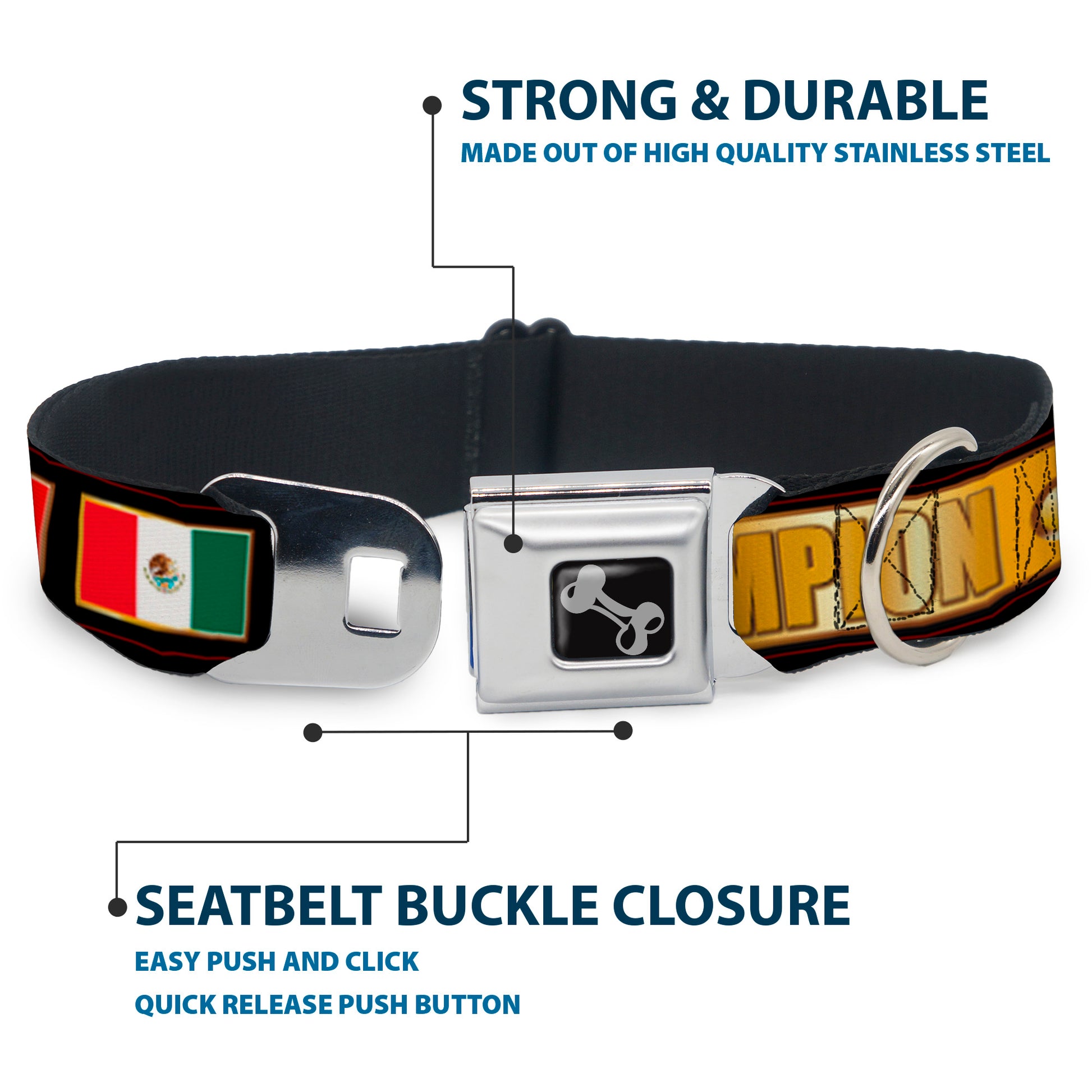 Dog Bone Seatbelt Buckle Collar - CHAMPION Belt/Flags/Stars Black/Golds Seatbelt Buckle Collars Buckle-Down