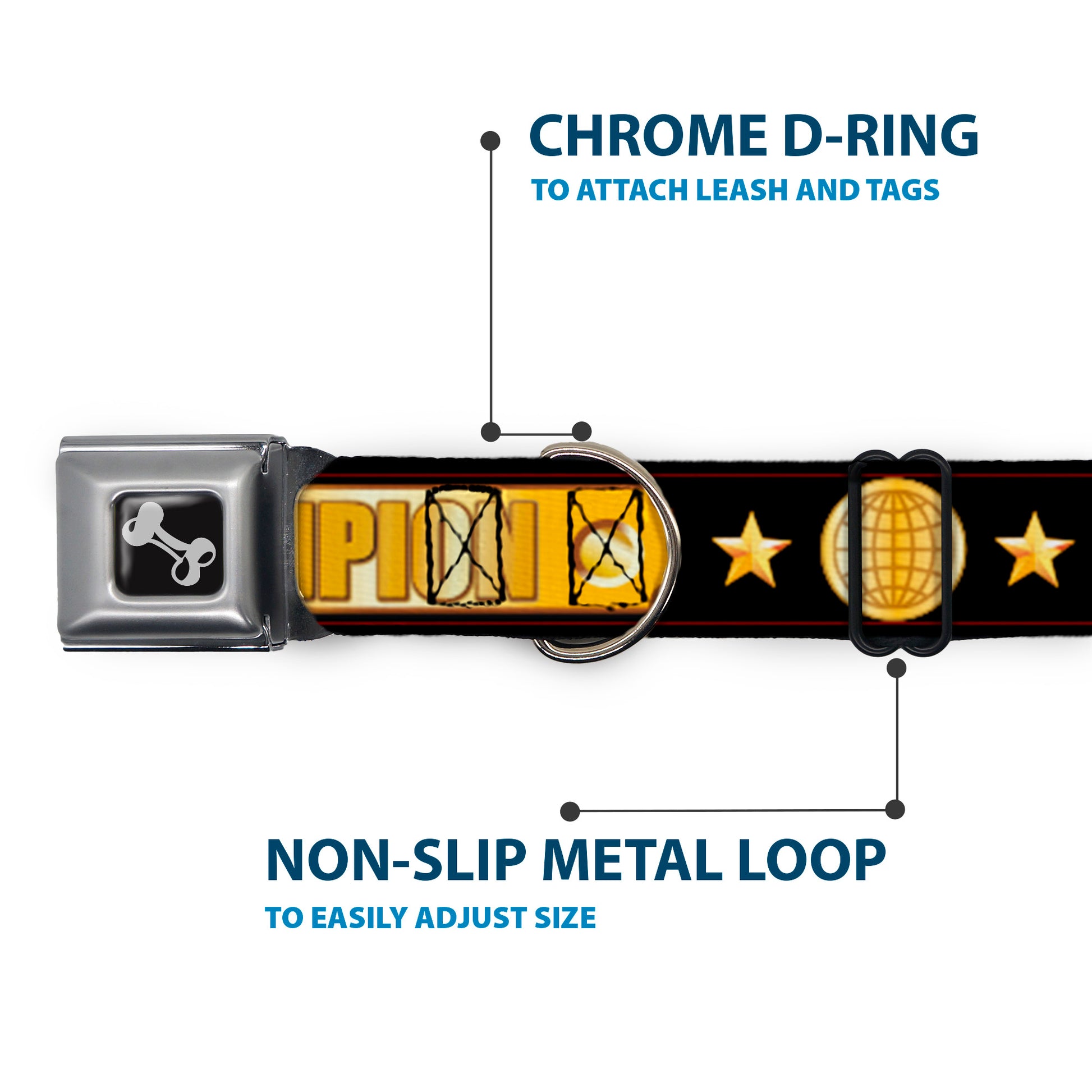 Dog Bone Seatbelt Buckle Collar - CHAMPION Belt/Flags/Stars Black/Golds Seatbelt Buckle Collars Buckle-Down