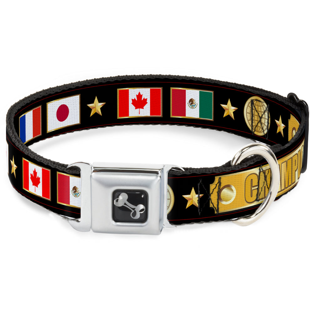 Dog Bone Seatbelt Buckle Collar - CHAMPION Belt/Flags/Stars Black/Golds Seatbelt Buckle Collars Buckle-Down