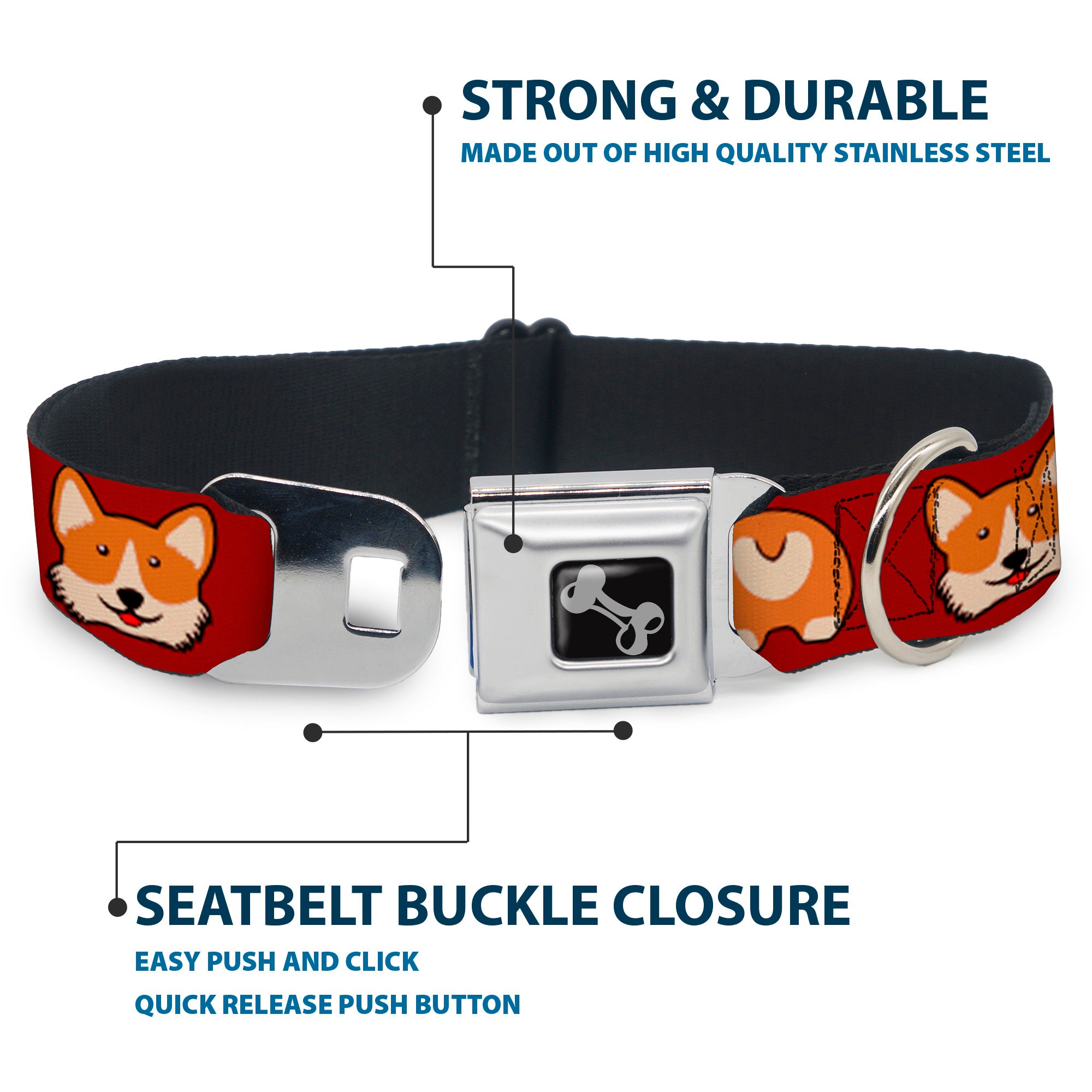 Dog Bone Seatbelt Buckle Collar - Corgi Face/Rump Red Seatbelt Buckle Collars Buckle-Down