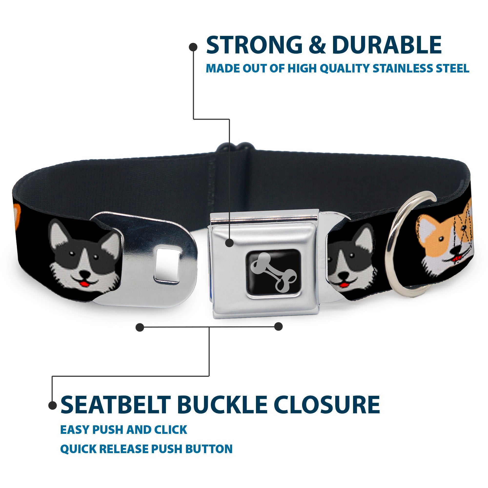 Dog Bone Seatbelt Buckle Collar - Corgi 3-Faces Black Seatbelt Buckle Collars Buckle-Down