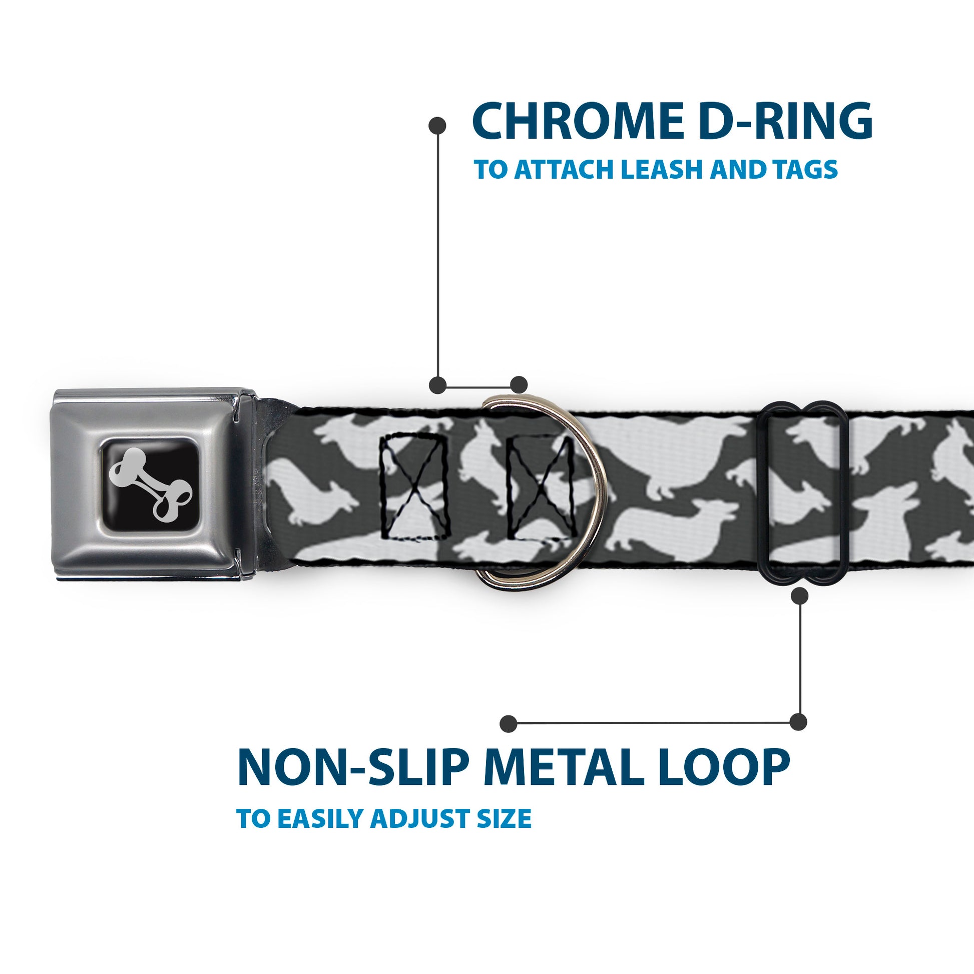 Dog Bone Seatbelt Buckle Collar - Corgi Silhouette Poses Grays Seatbelt Buckle Collars Buckle-Down